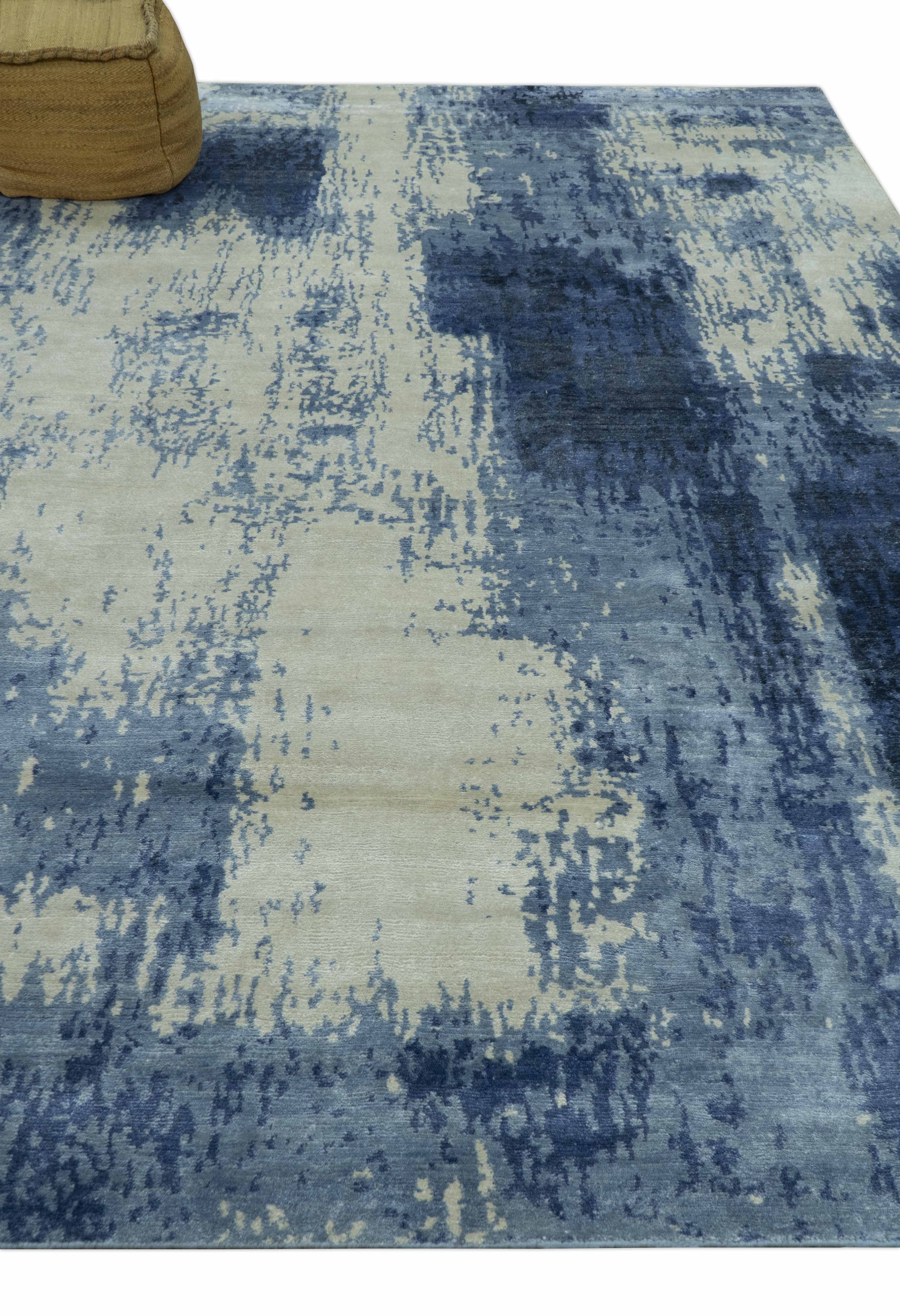 Modern Abstract Design Beige And Blue 9x12 Hand Knotted Bamboo Silk Area Rug - Image 9