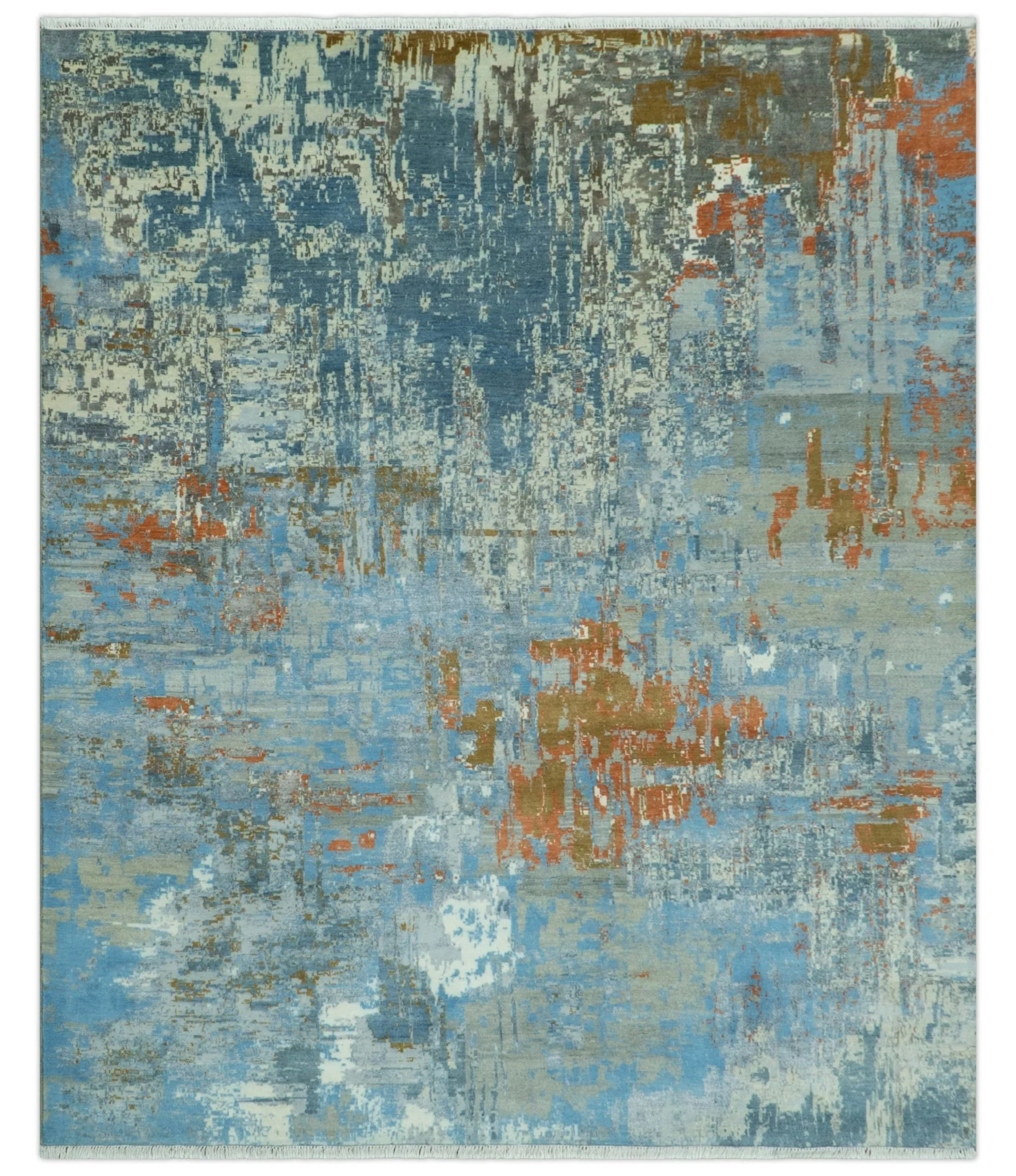 Modern Abstract Design Beige And Blue 8x10 Hand Knotted Wool, Art Silk Rug - Image 10