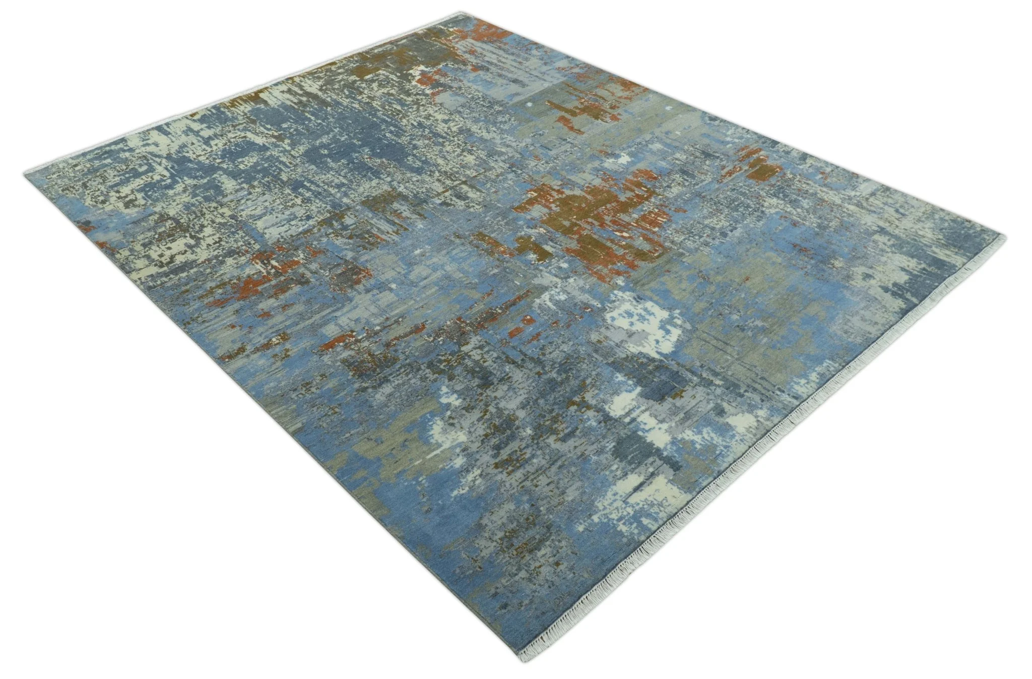 Modern Abstract Design Beige And Blue 8x10 Hand Knotted Wool, Art Silk Rug - Image 11