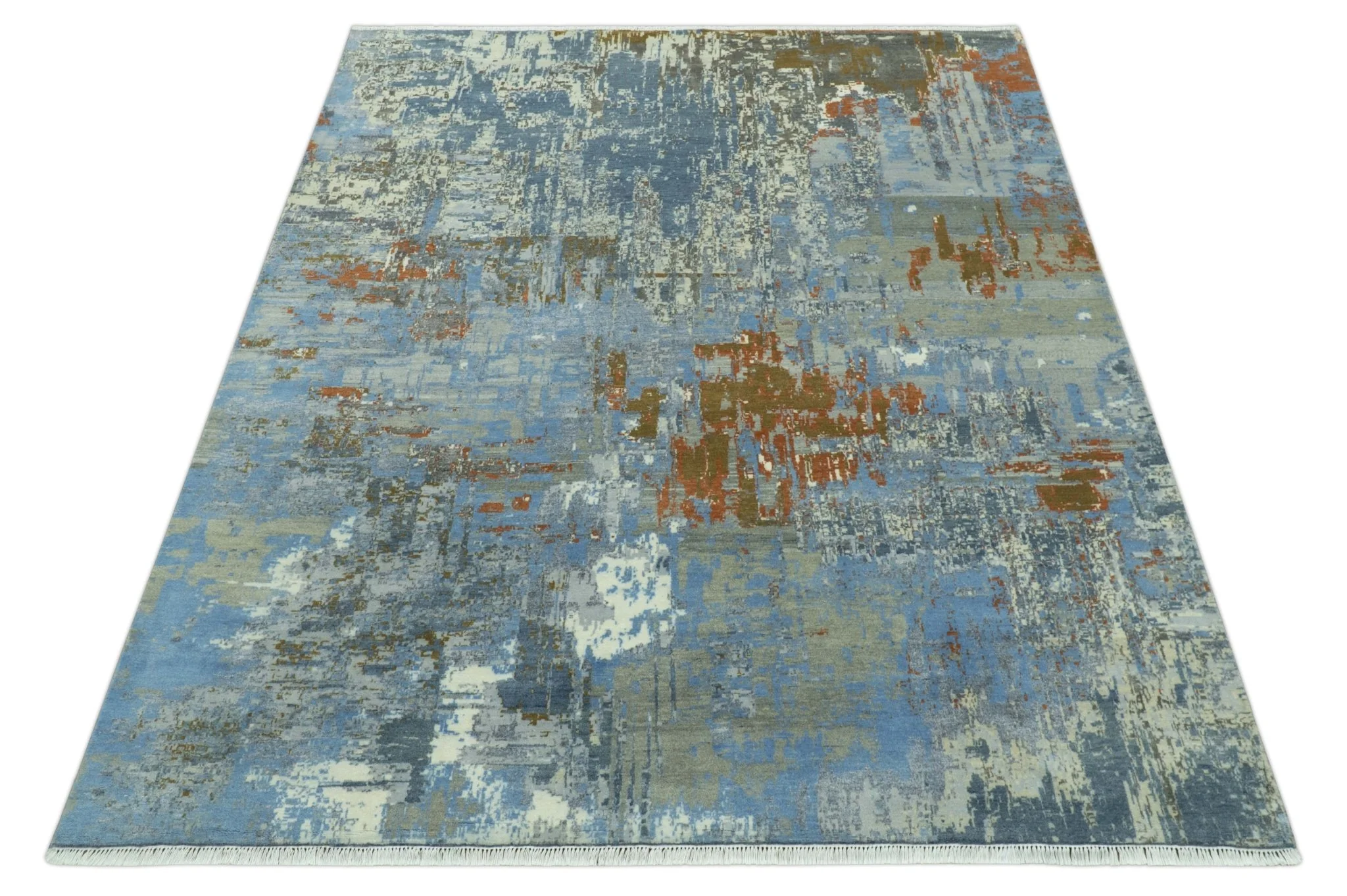 Modern Abstract Design Beige And Blue 8x10 Hand Knotted Wool, Art Silk Rug - Image 12