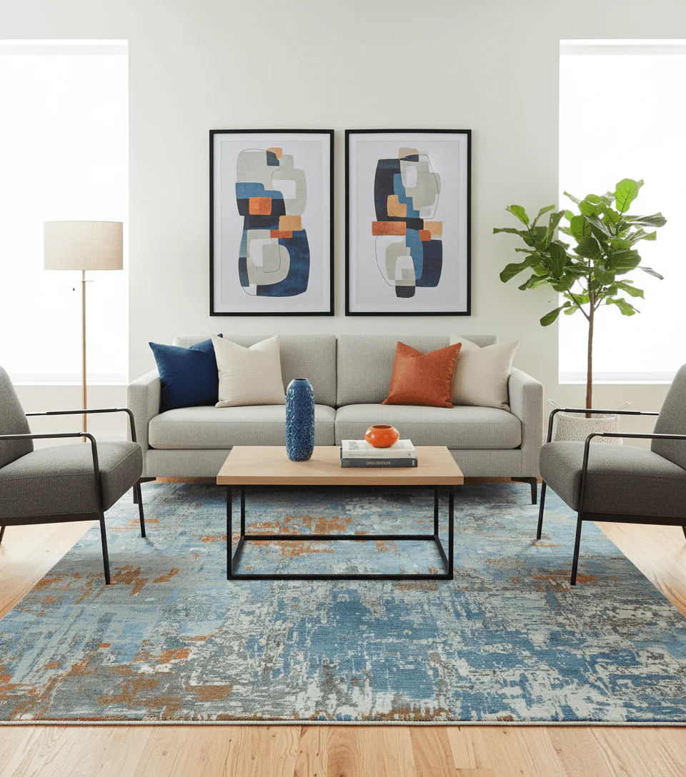Modern Abstract Design Beige And Blue 8x10 Hand Knotted Wool, Art Silk Rug - Image 2