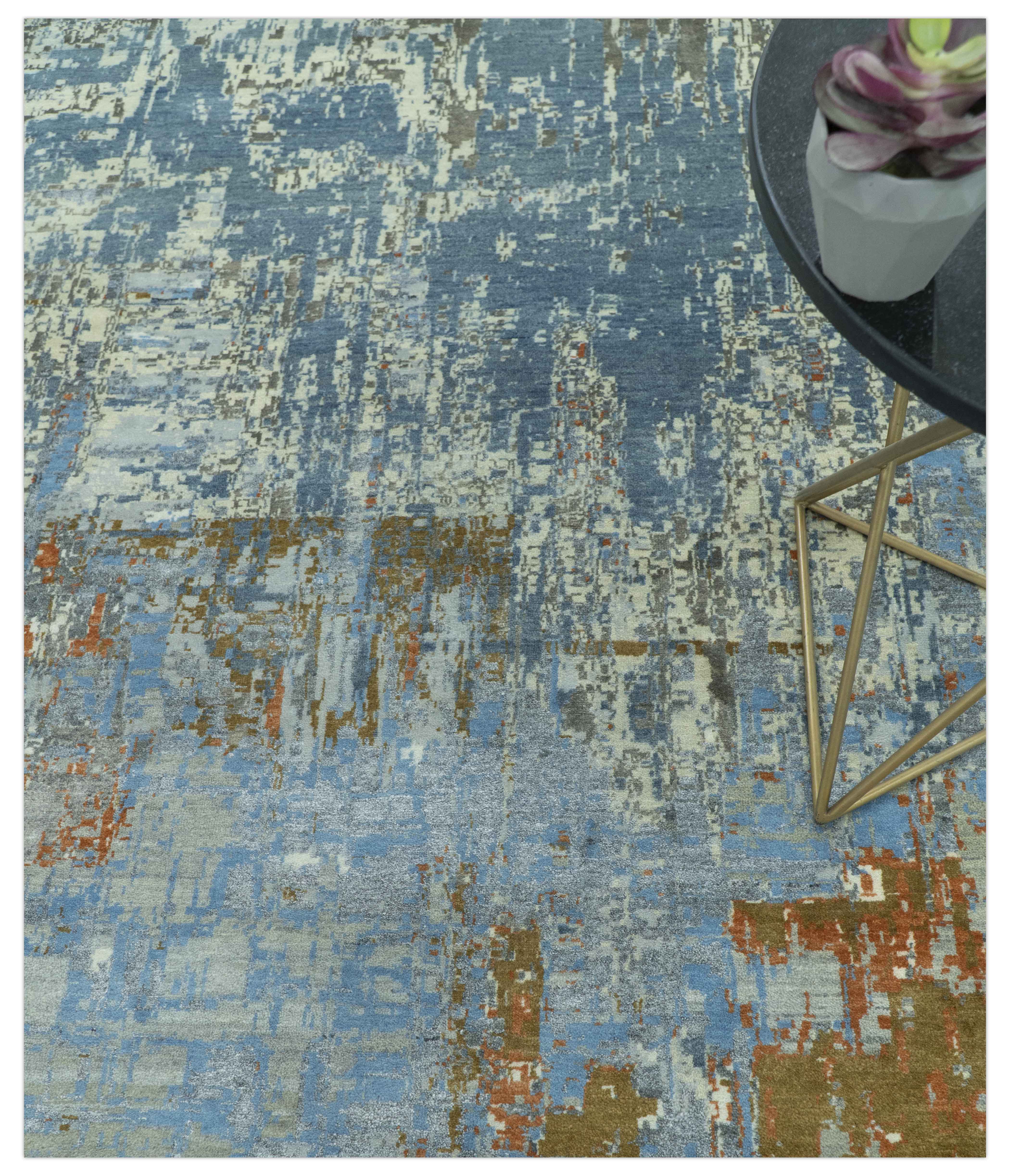 Modern Abstract Design Beige And Blue 8x10 Hand Knotted Wool, Art Silk Rug - Image 3