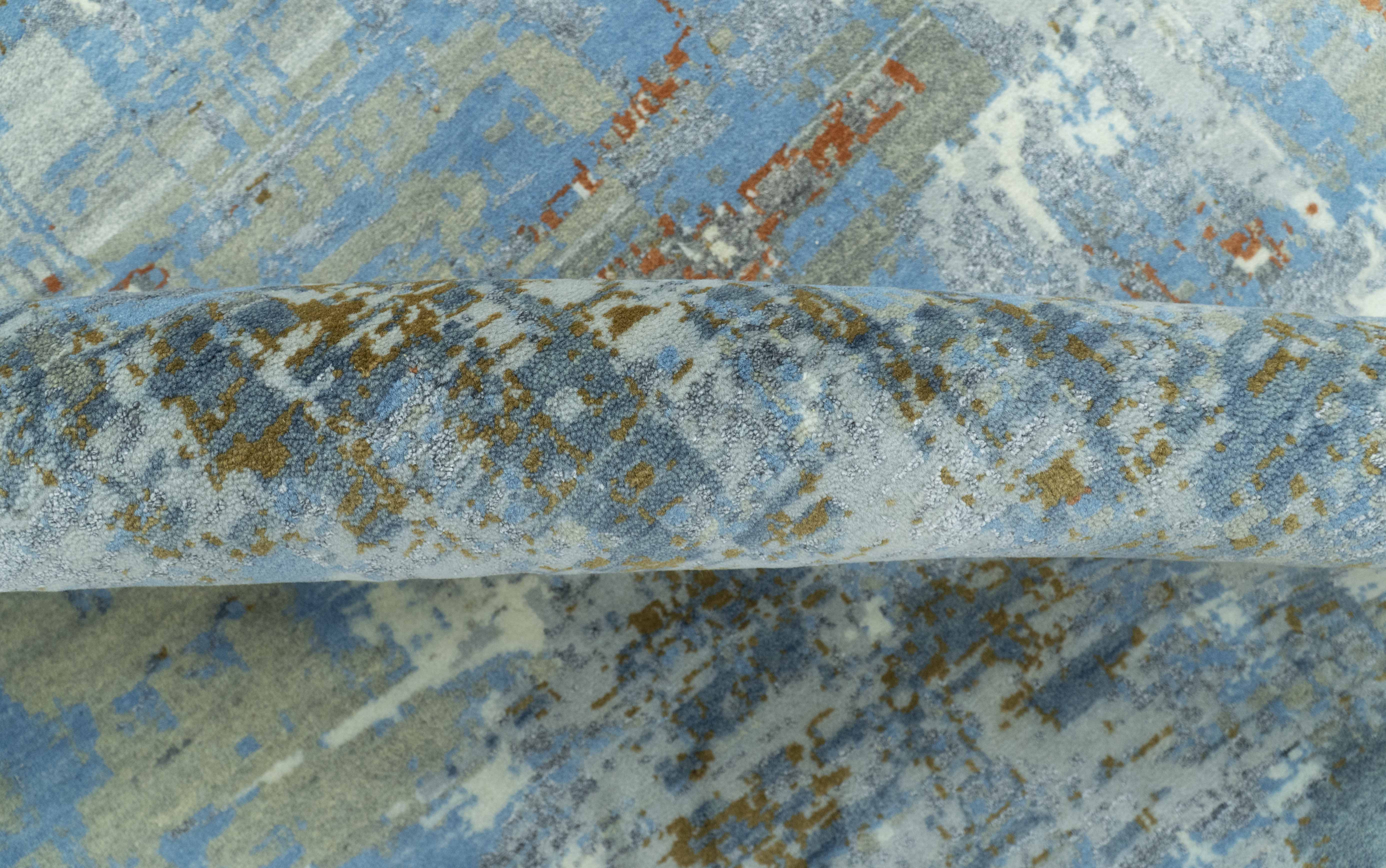 Modern Abstract Design Beige And Blue 8x10 Hand Knotted Wool, Art Silk Rug - Image 5