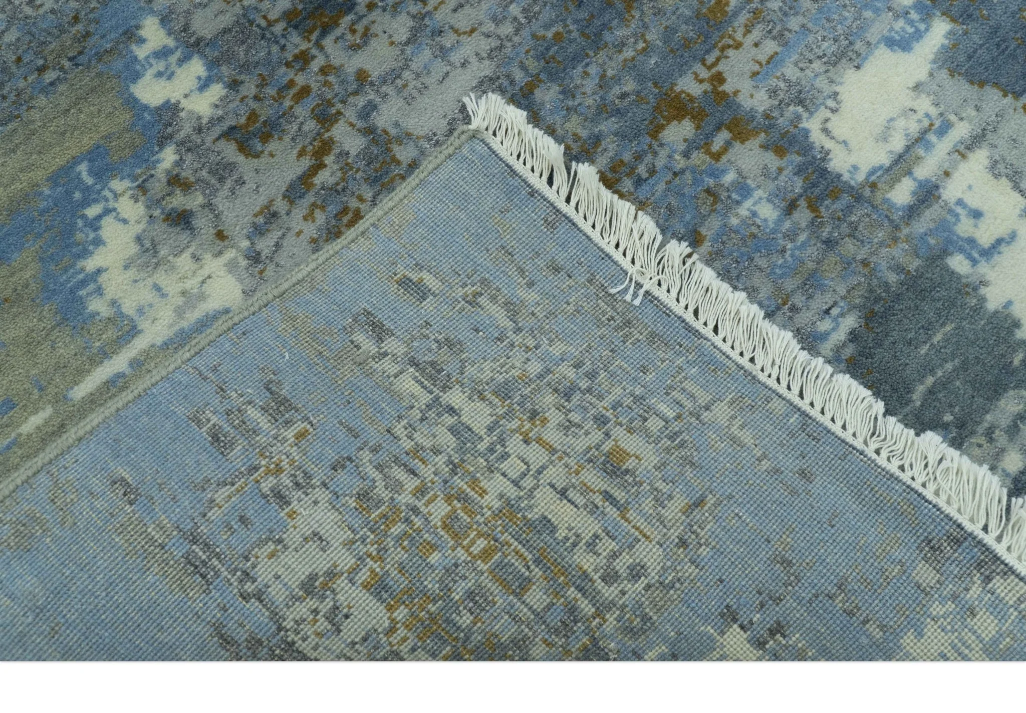 Modern Abstract Design Beige And Blue 8x10 Hand Knotted Wool, Art Silk Rug - Image 6