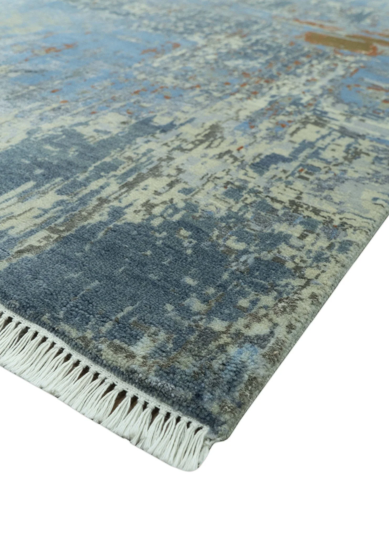 Modern Abstract Design Beige And Blue 8x10 Hand Knotted Wool, Art Silk Rug - Image 8