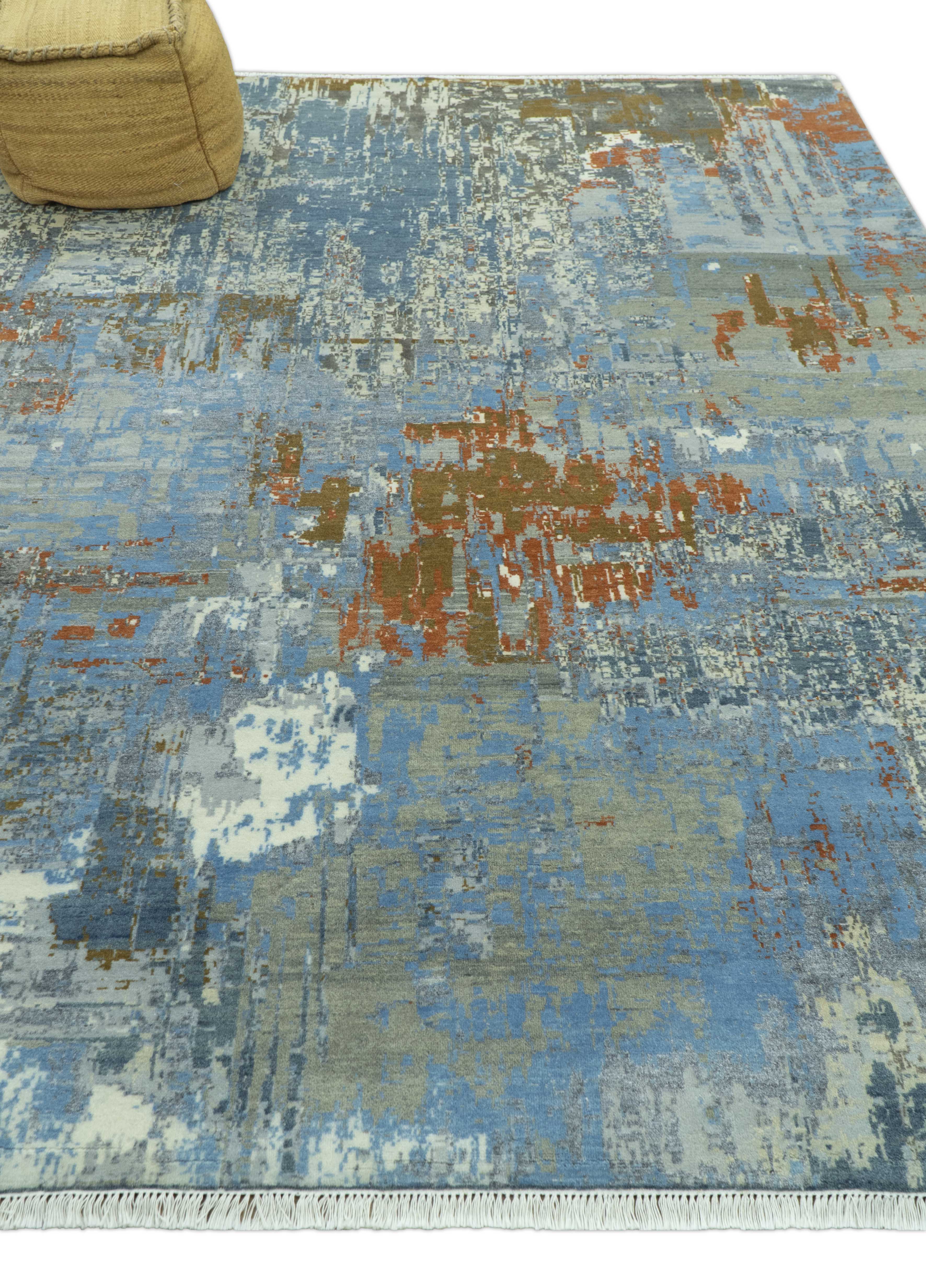 Modern Abstract Design Beige And Blue 8x10 Hand Knotted Wool, Art Silk Rug - Image 9