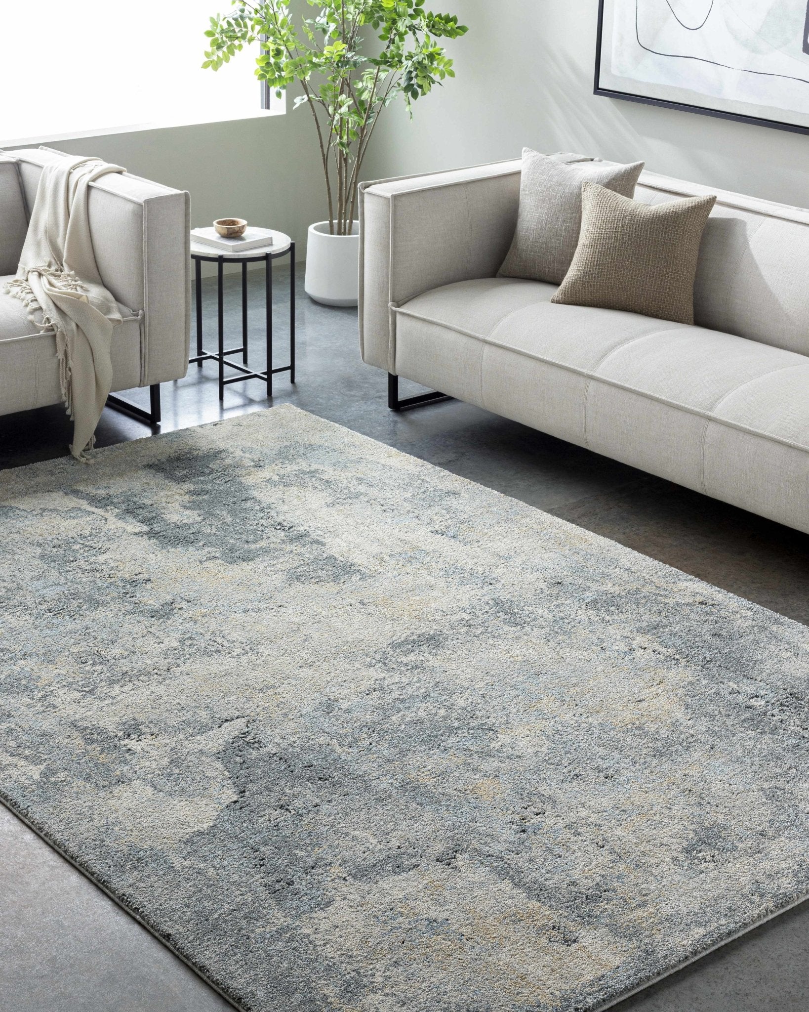 Modern Abstract Design Beige And Blue Machine Woven Rug - Image 2