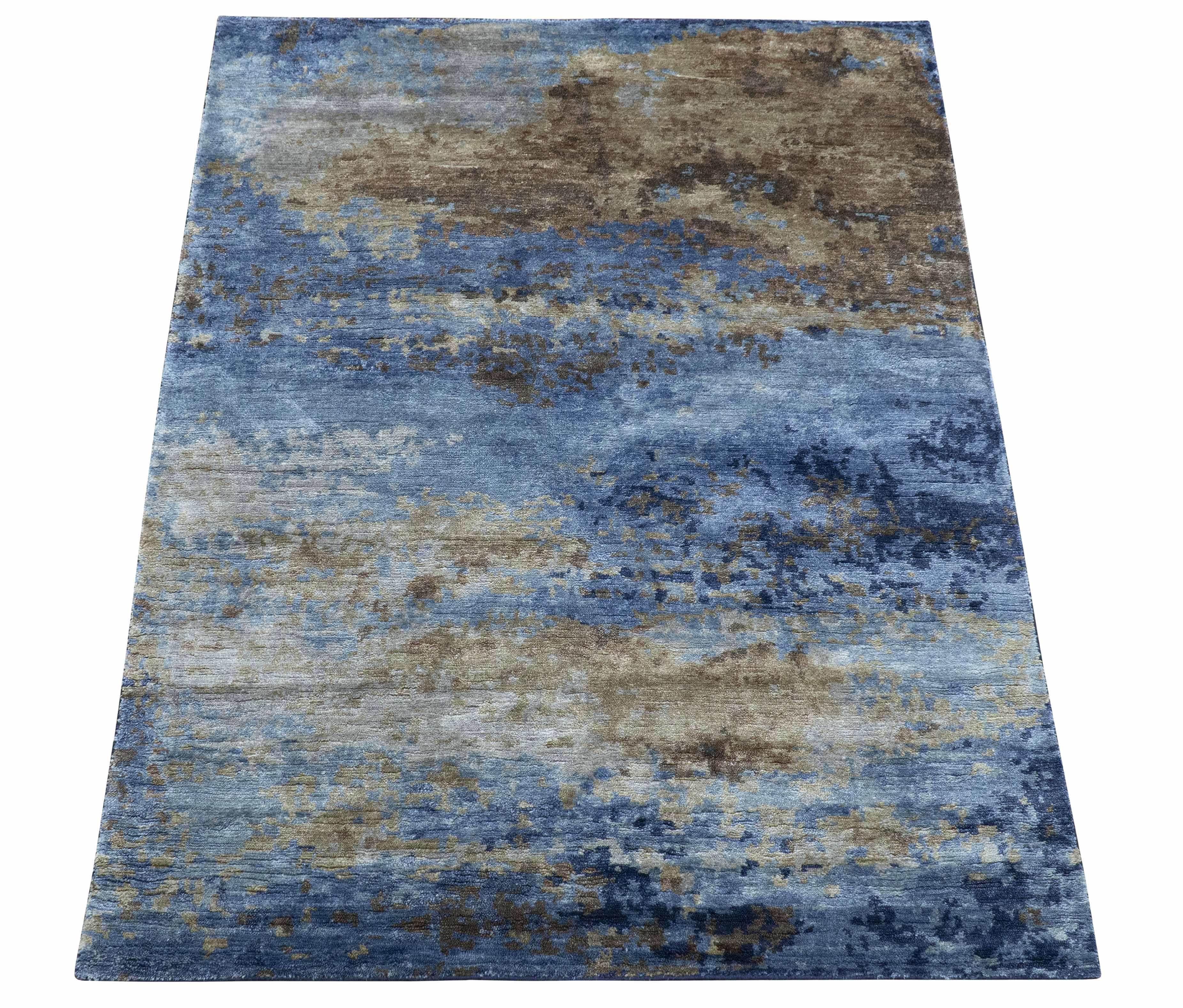 Modern Abstract Blue And Beige 4x6 Hand Knotted Bamboo Silk Rug - Image 5