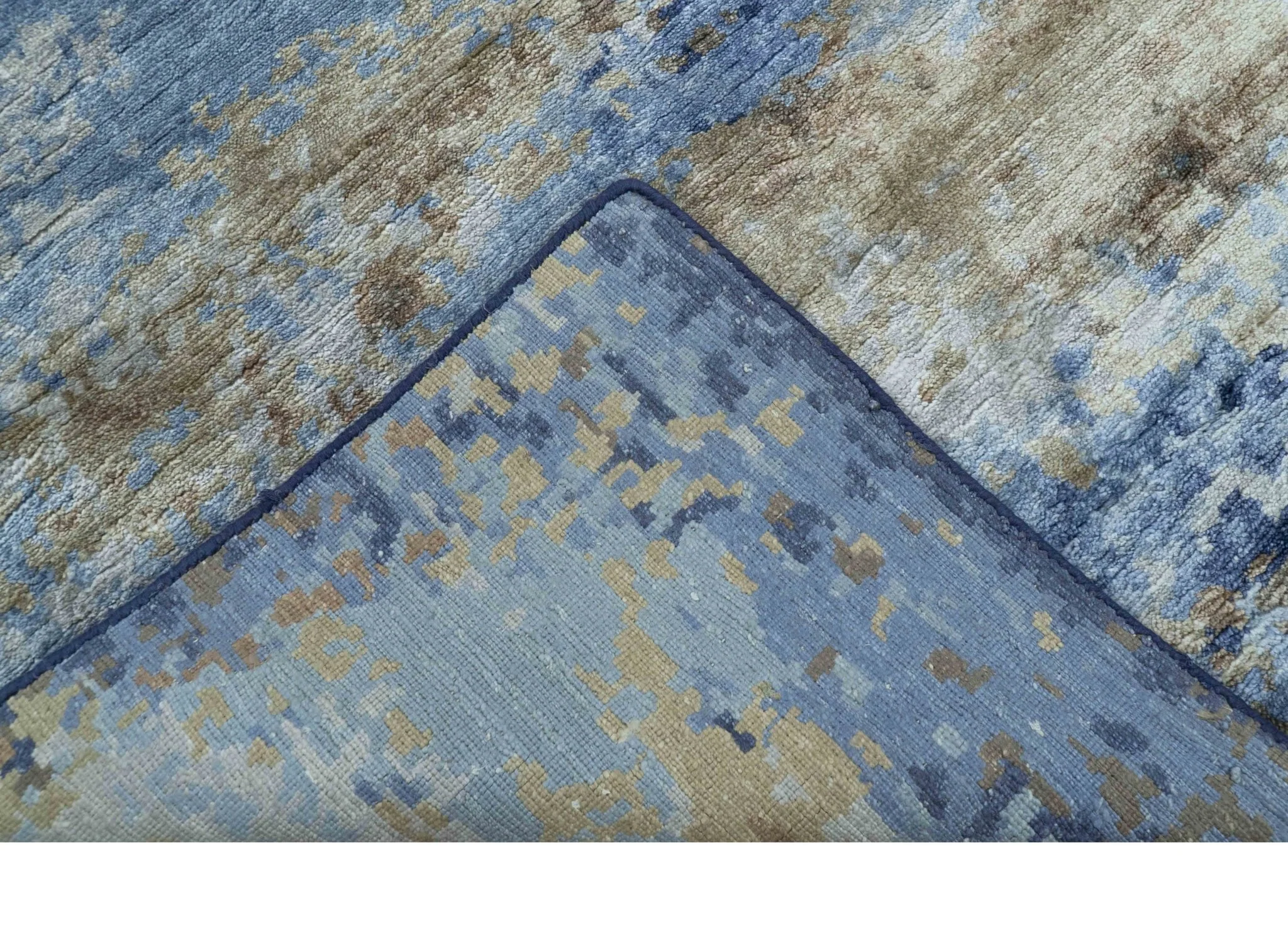 Modern Abstract Blue And Beige 4x6 Hand Knotted Bamboo Silk Rug - Image 7