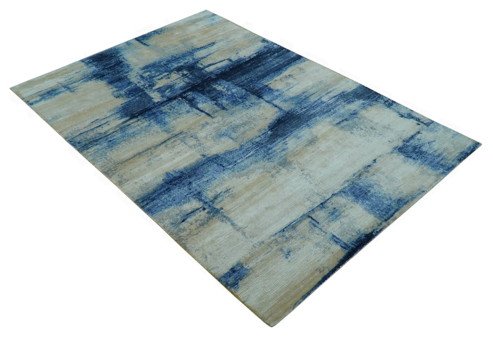 Modern Abstract Design Blue And Ivory Hand Knotted 6x9 Bamboo Silk Area Rug - Image 11