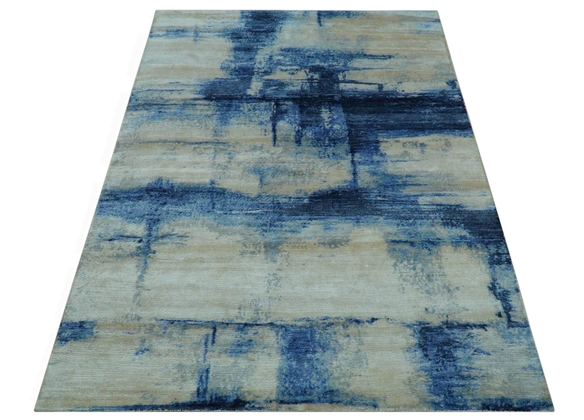 Modern Abstract Design Blue And Ivory Hand Knotted 6x9 Bamboo Silk Area Rug - Image 12