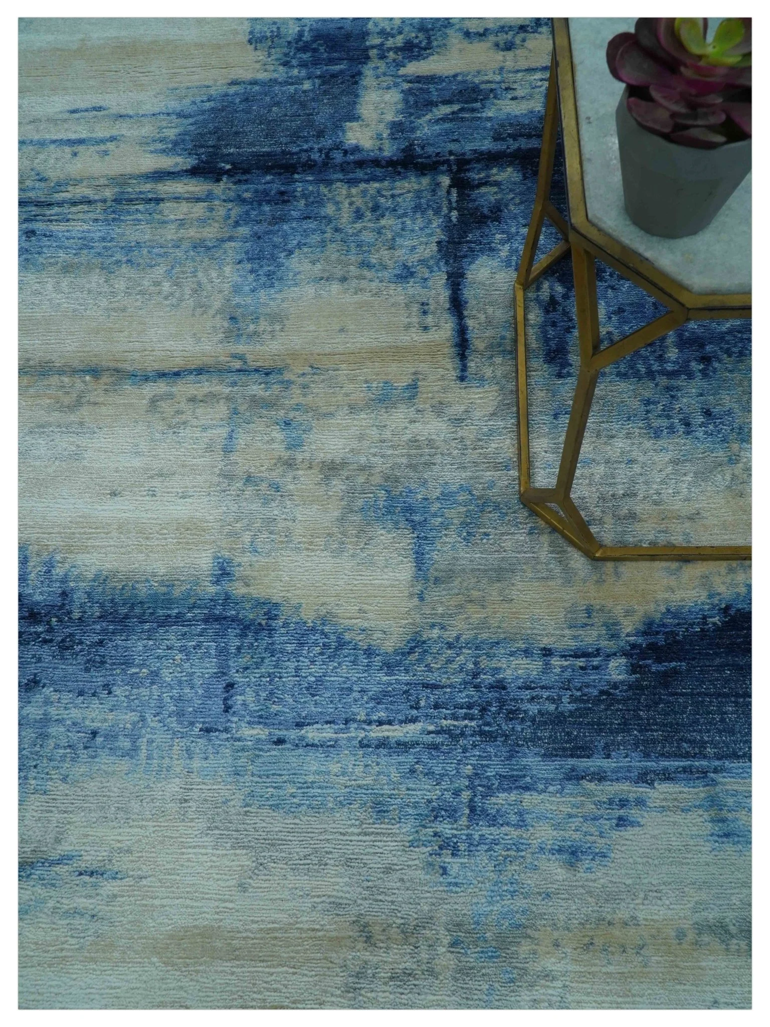 Modern Abstract Design Blue And Ivory Hand Knotted 6x9 Bamboo Silk Area Rug - Image 3