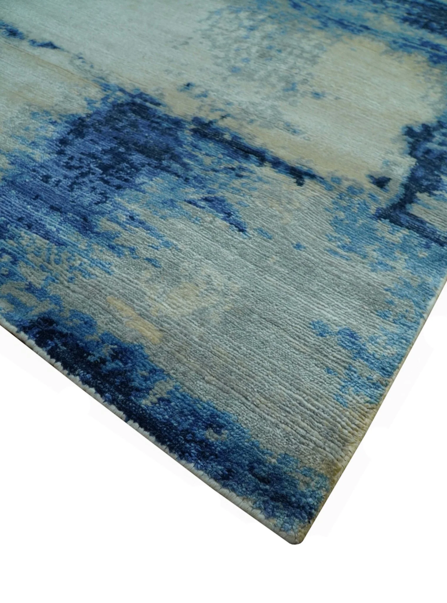 Modern Abstract Design Blue And Ivory Hand Knotted 6x9 Bamboo Silk Area Rug - Image 8