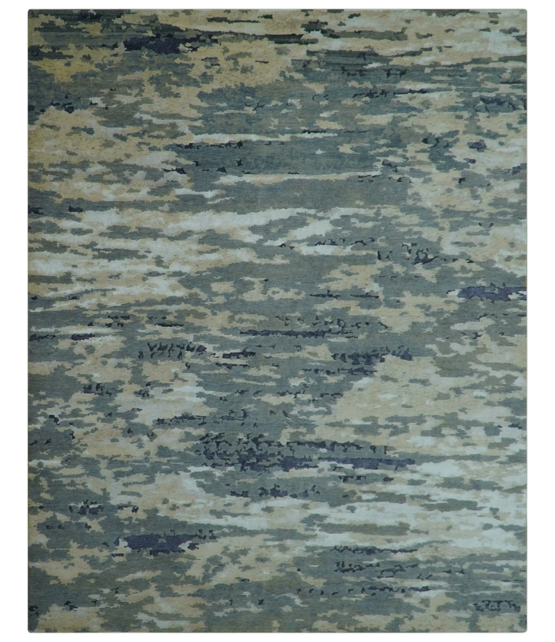 Modern Abstract Blue And Beige Hand Knotted 8x10 Wool And Bamboo Silk Rug - Image 10