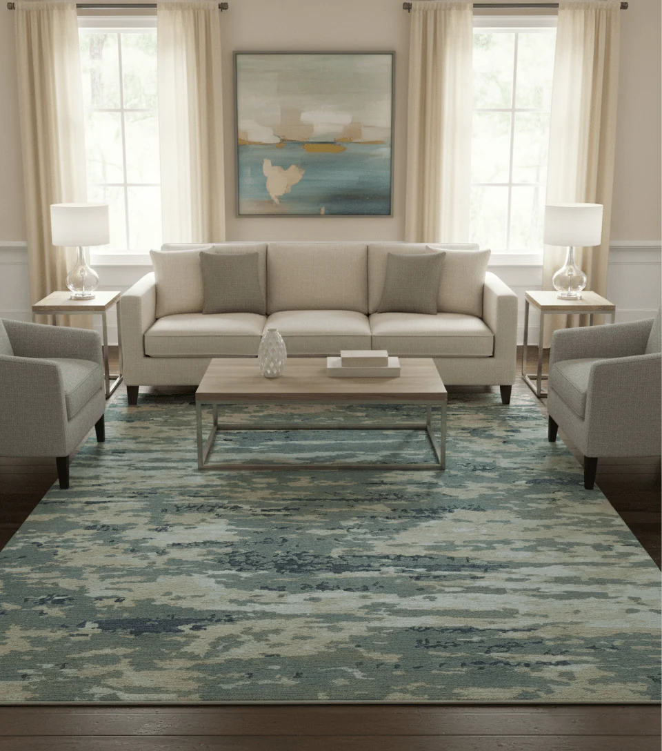 Modern Abstract Blue And Beige Hand Knotted 8x10 Wool And Bamboo Silk Rug - Image 2