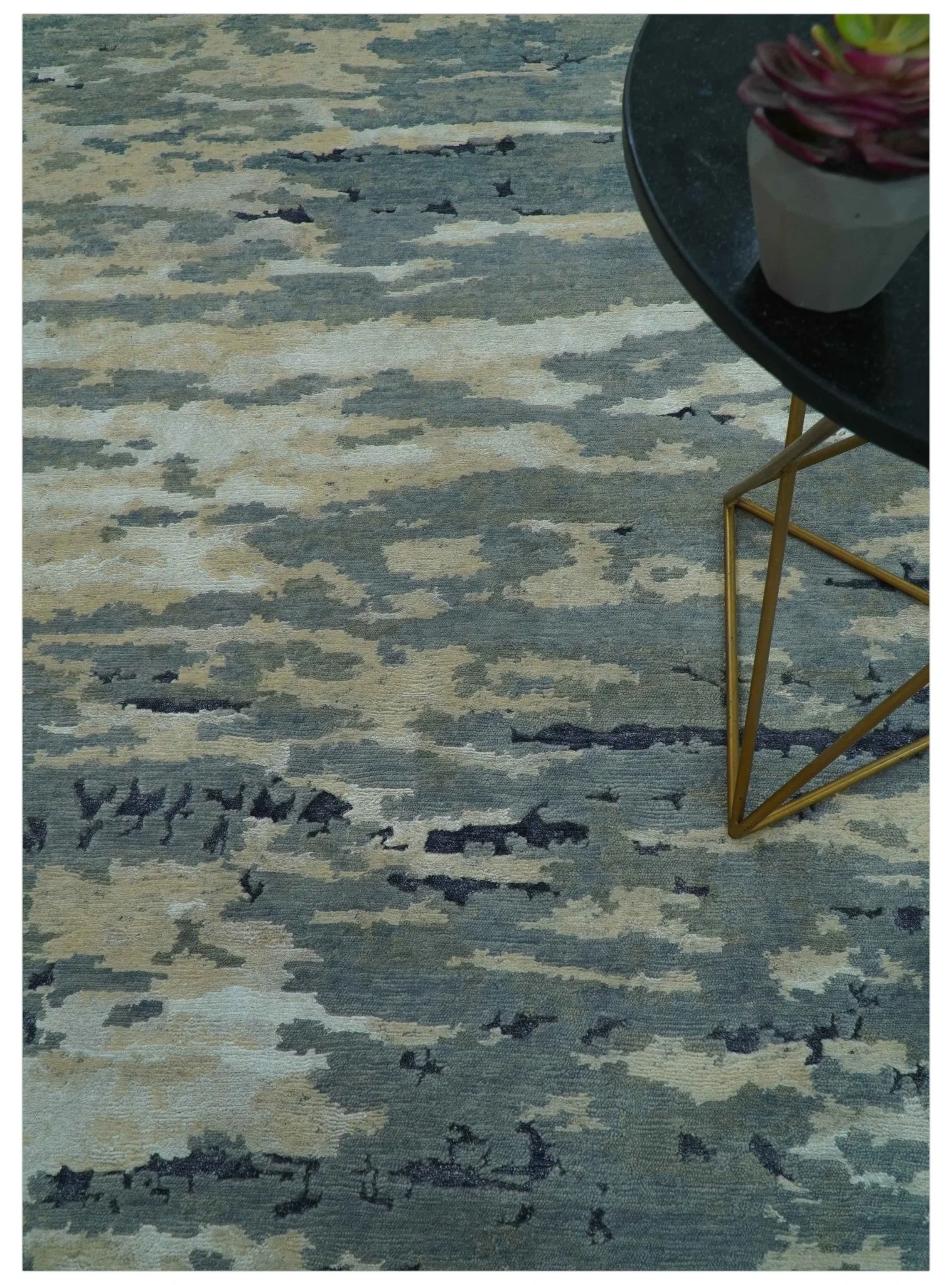 Modern Abstract Blue And Beige Hand Knotted 8x10 Wool And Bamboo Silk Rug - Image 3