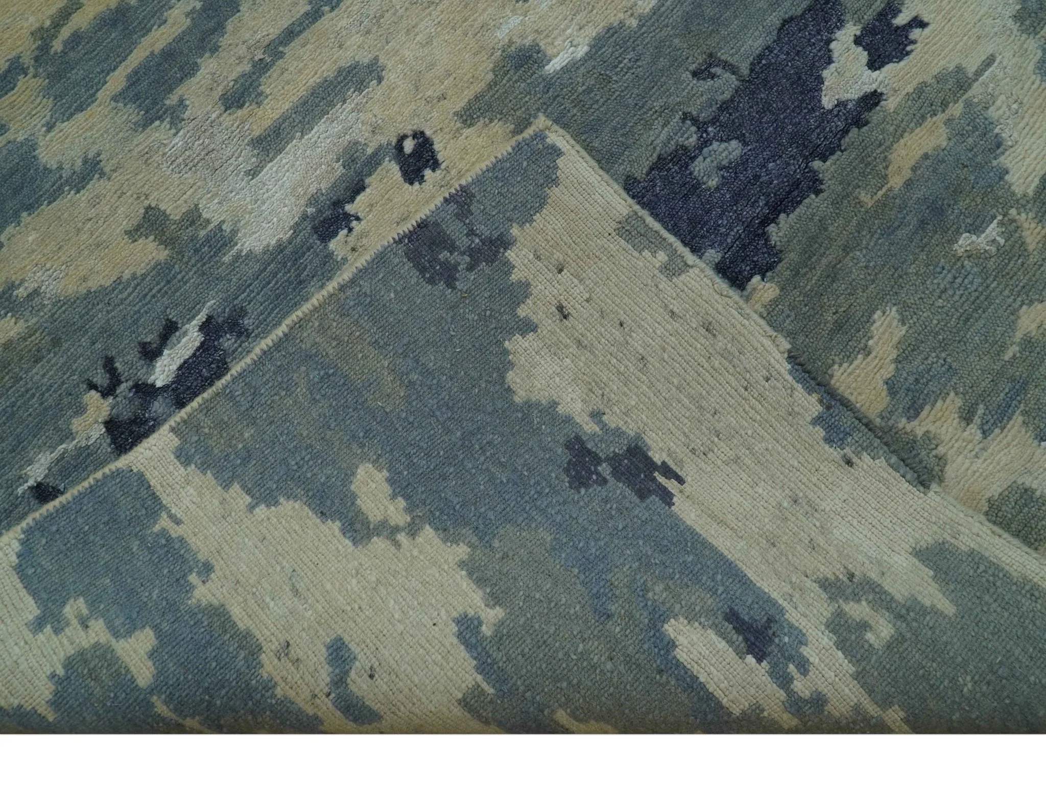 Modern Abstract Blue And Beige Hand Knotted 8x10 Wool And Bamboo Silk Rug - Image 8