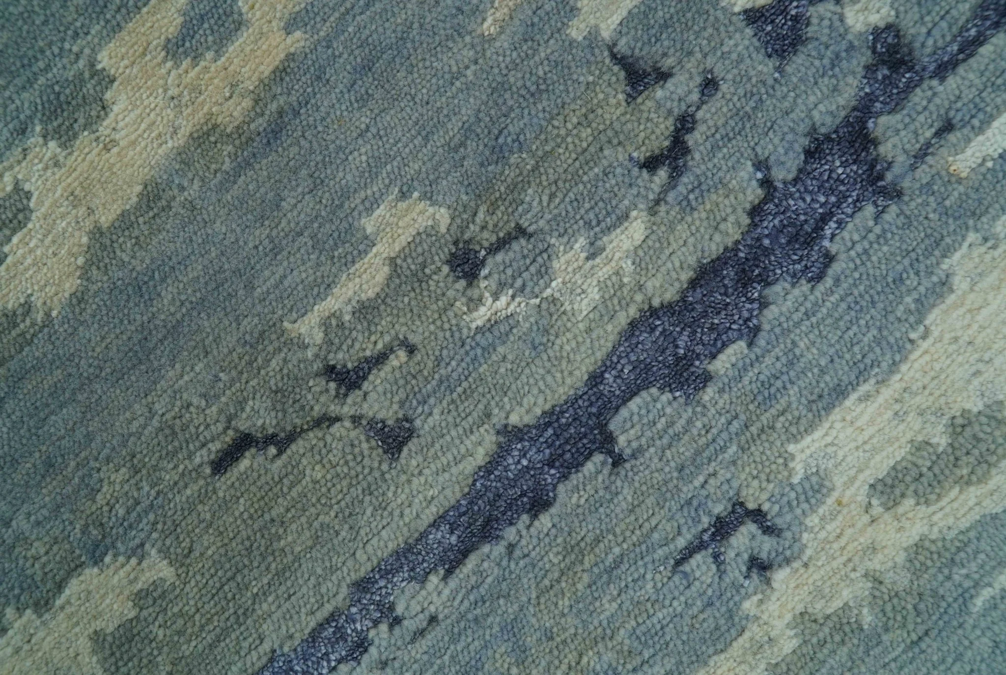 Modern Abstract Blue And Beige Hand Knotted 8x10 Wool And Bamboo Silk Rug - Image 9