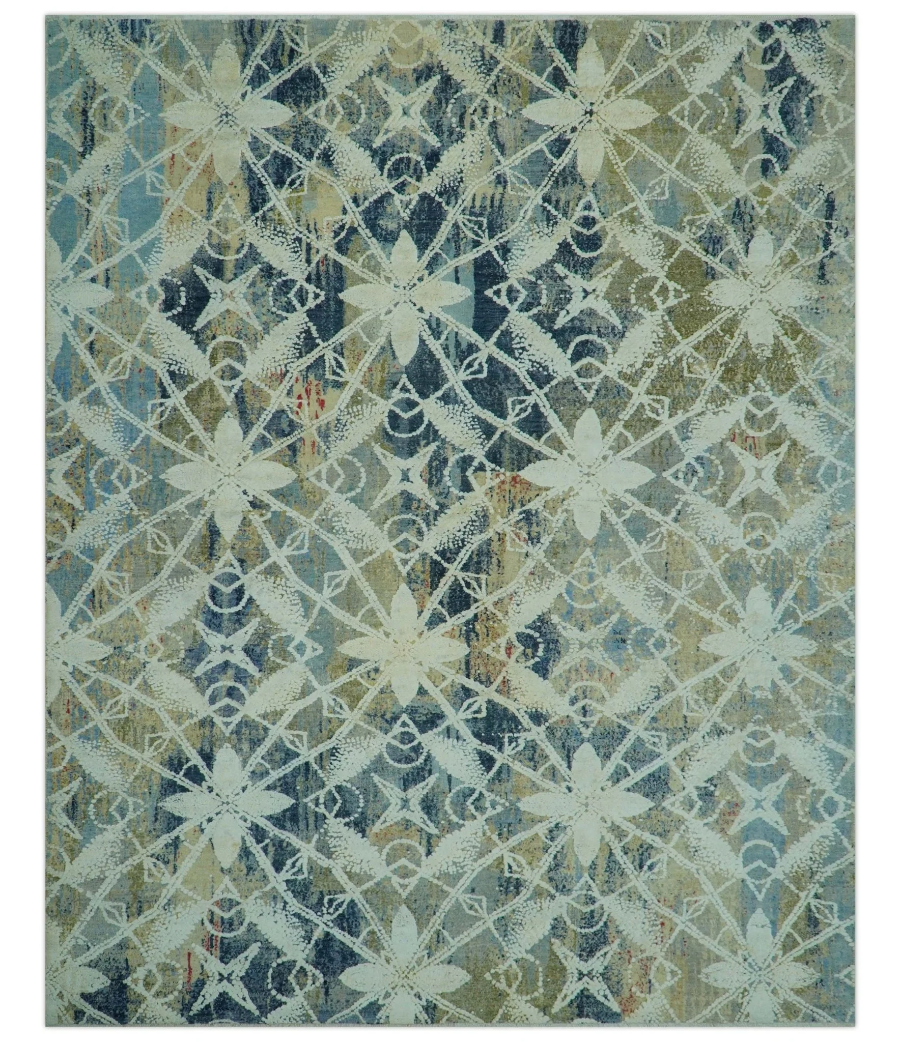 Modern Abstract Design Blue And Beige Hand Knotted 8x10 Wool And Real Silk Area Rug - Image 10