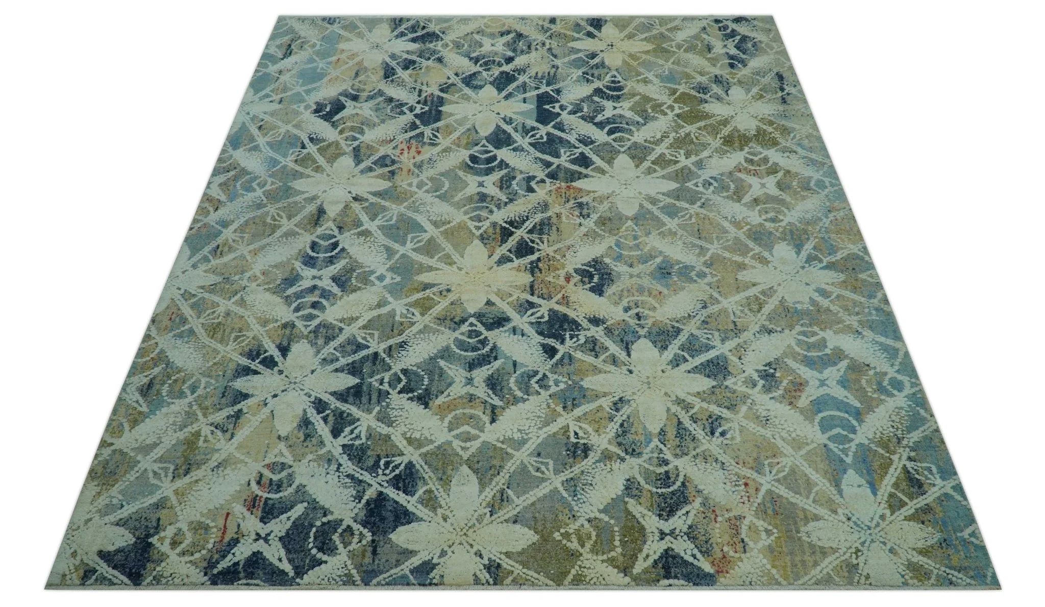 Modern Abstract Design Blue And Beige Hand Knotted 8x10 Wool And Real Silk Area Rug - Image 11