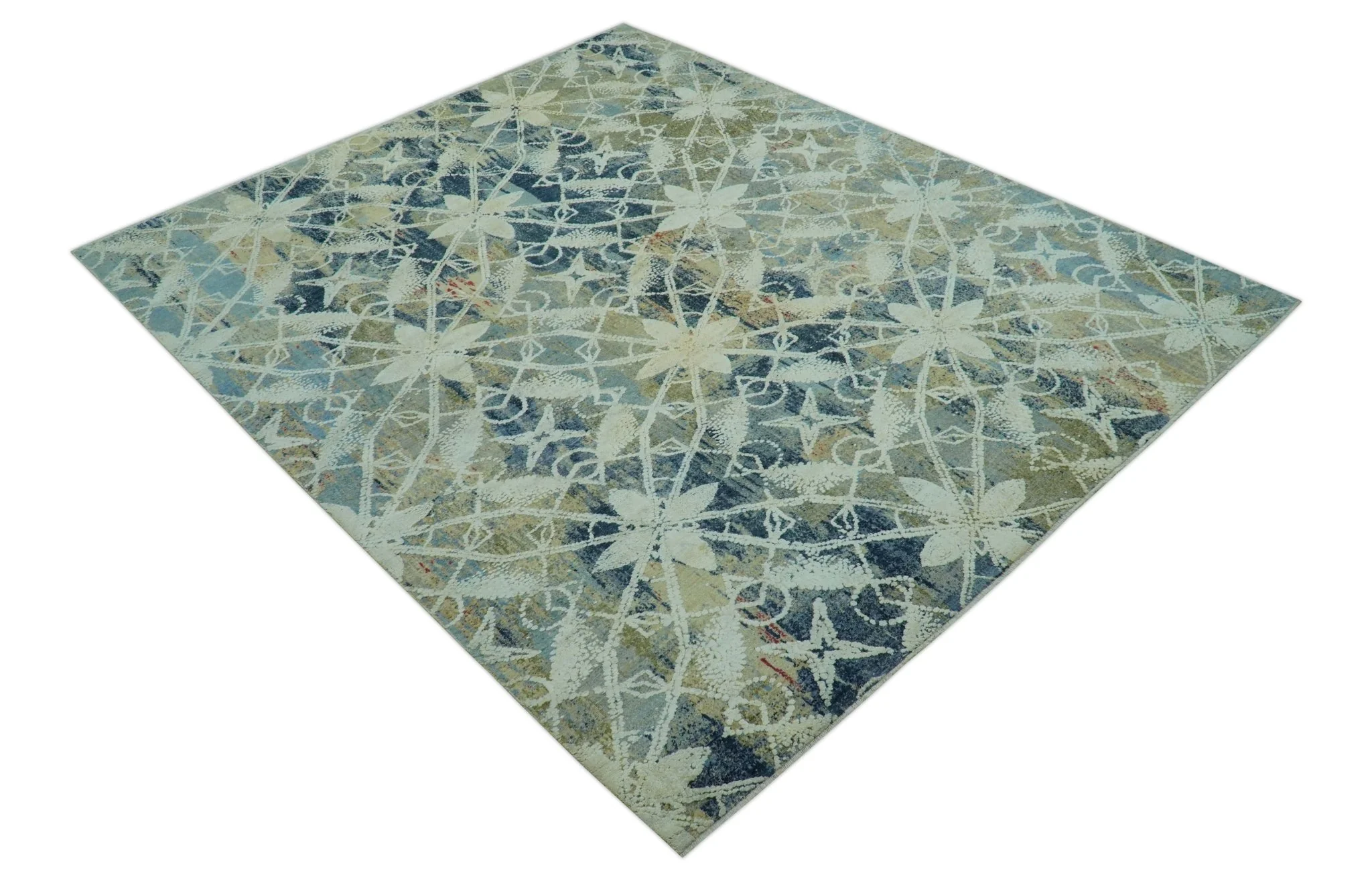 Modern Abstract Design Blue And Beige Hand Knotted 8x10 Wool And Real Silk Area Rug - Image 12