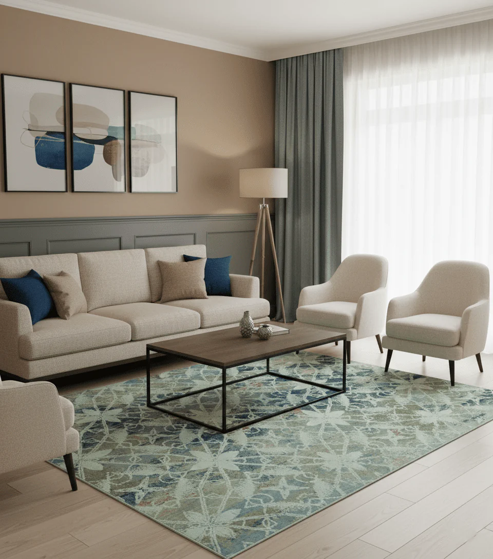 Modern Abstract Design Blue And Beige Hand Knotted 8x10 Wool And Real Silk Area Rug - Image 2