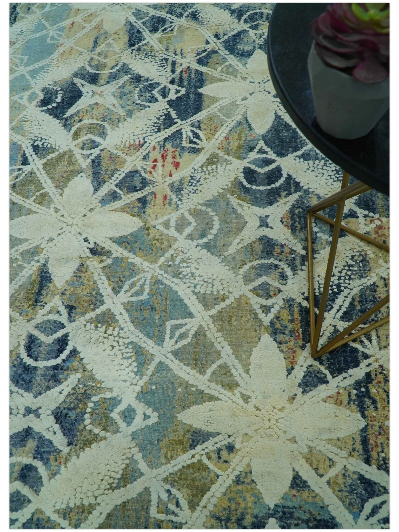 Modern Abstract Design Blue And Beige Hand Knotted 8x10 Wool And Real Silk Area Rug - Image 3