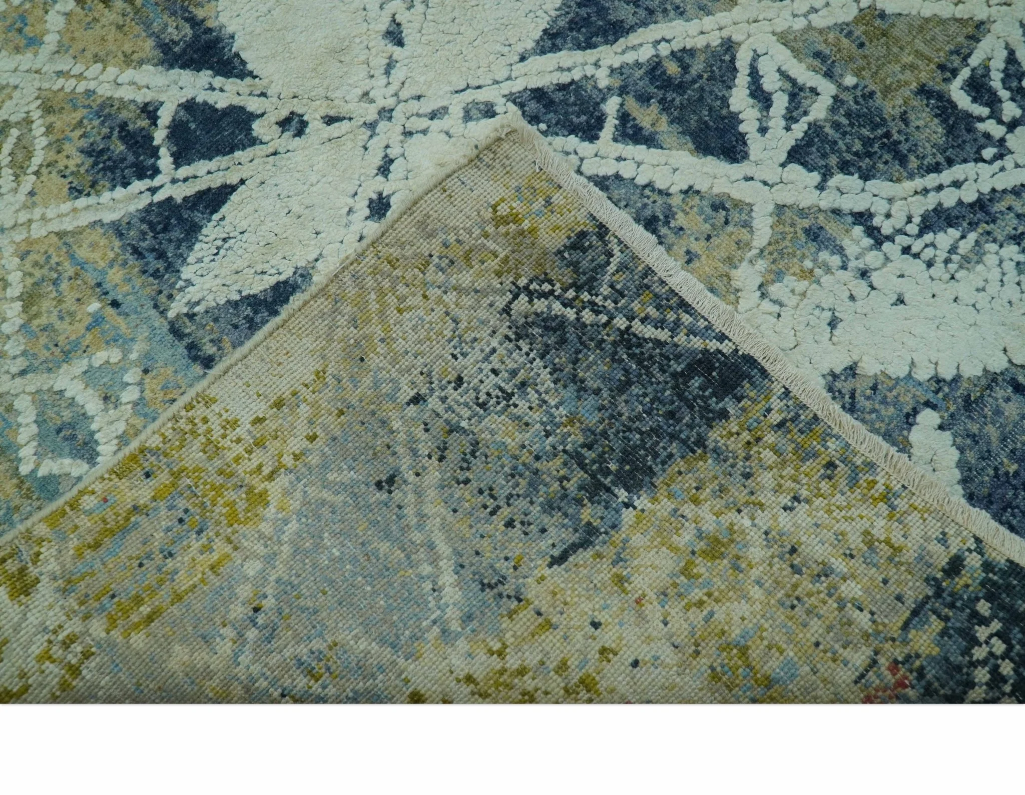 Modern Abstract Design Blue And Beige Hand Knotted 8x10 Wool And Real Silk Area Rug - Image 6