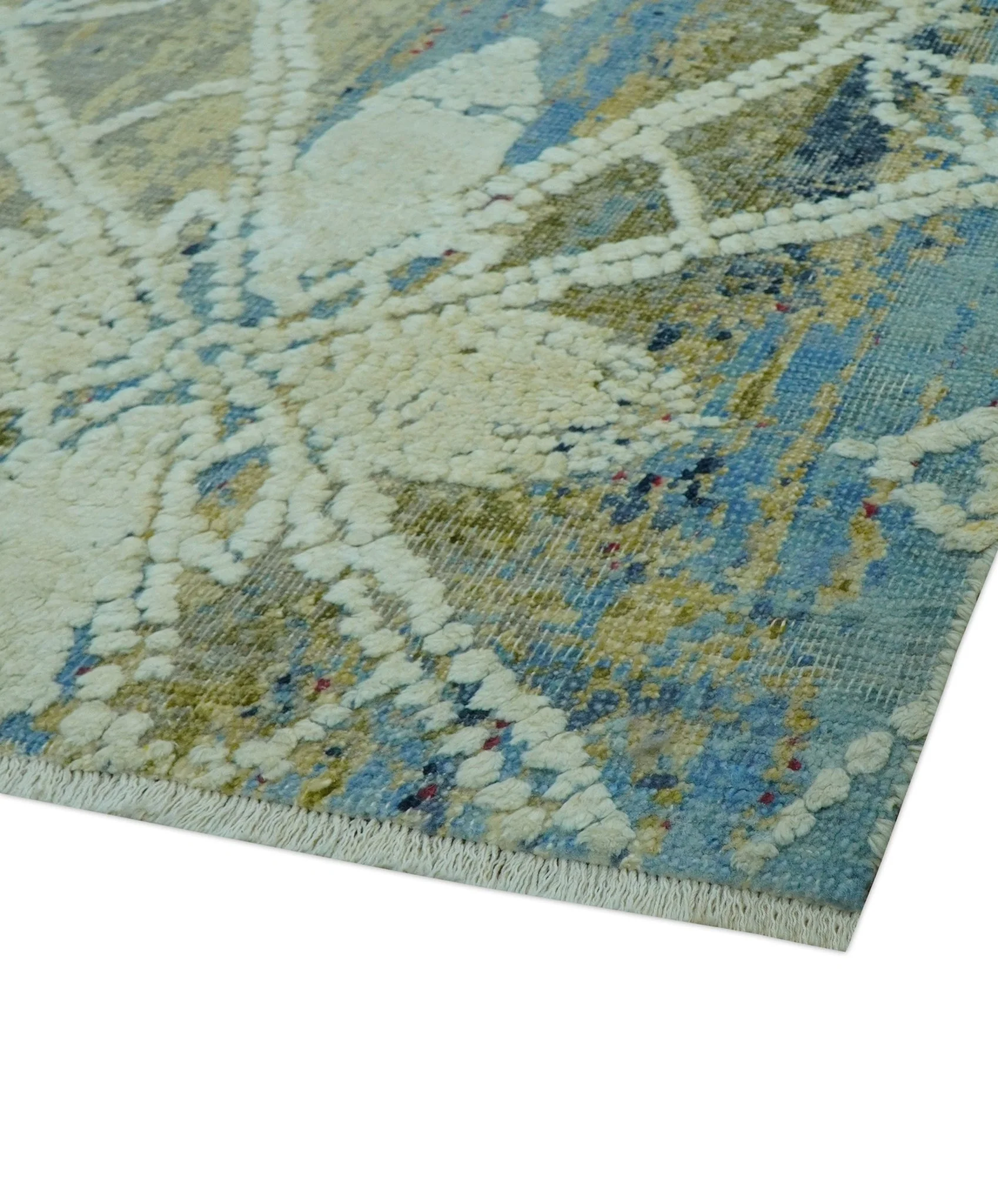 Modern Abstract Design Blue And Beige Hand Knotted 8x10 Wool And Real Silk Area Rug - Image 8