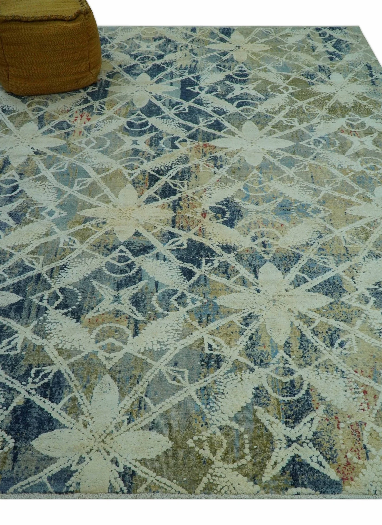Modern Abstract Design Blue And Beige Hand Knotted 8x10 Wool And Real Silk Area Rug - Image 9