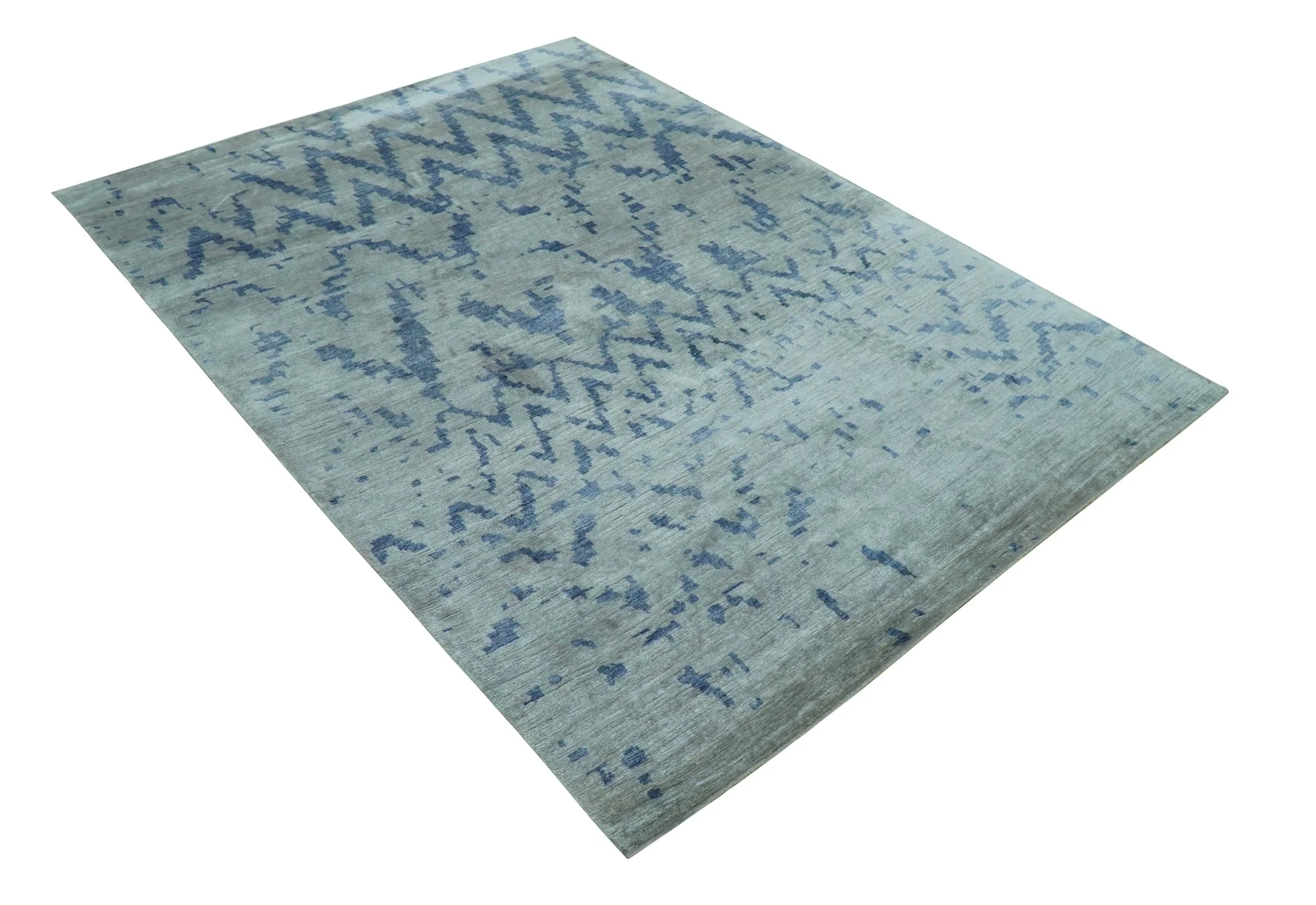 Modern Abstract Blue And Gray Hand Knotted 6x9 Bamboo Silk Area Rug - Image 12