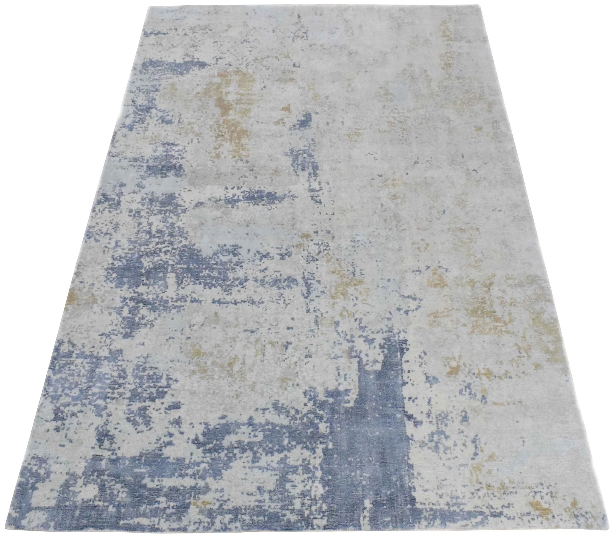 Modern Abstract Design Blue and Ivory Hand Loomed Art Silk Area Rug - Image 4