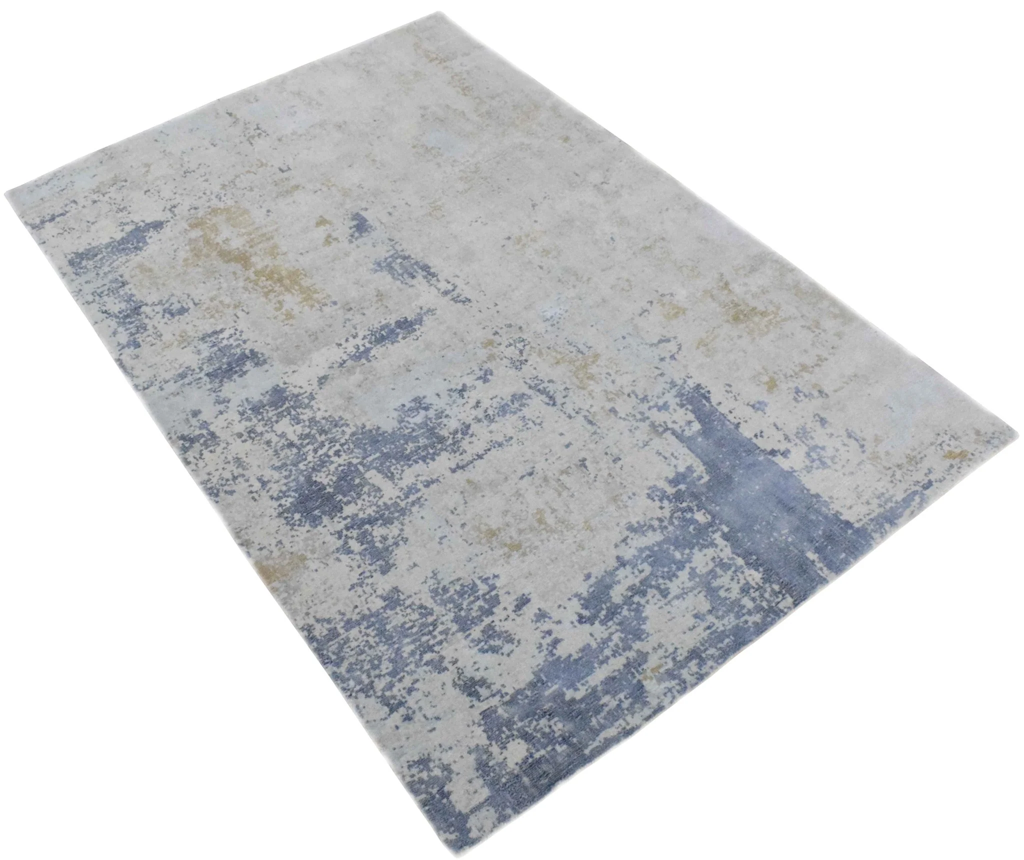 Modern Abstract Design Blue and Ivory Hand Loomed Art Silk Area Rug - Image 6