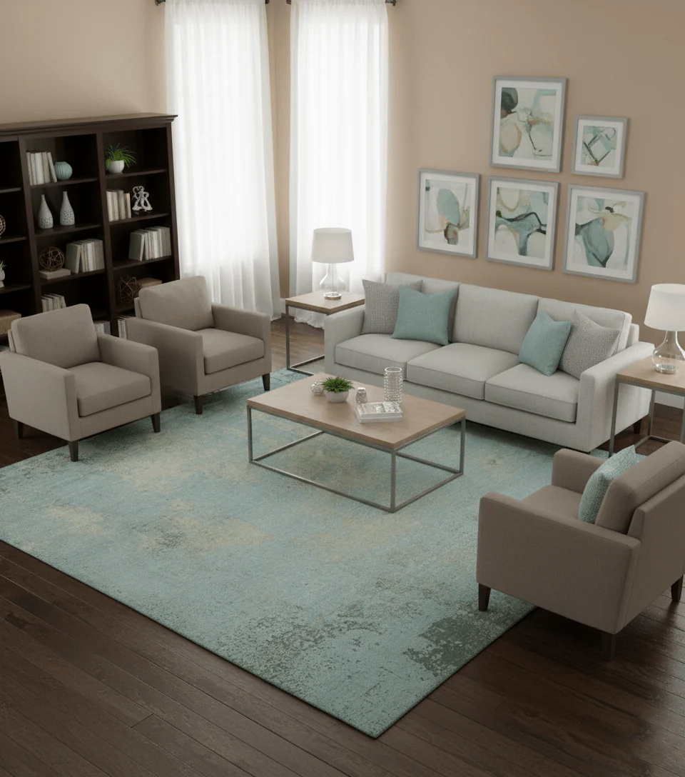 Abstract Design Blue, Beige And Gray 8x10 Hand Knotted Wool and Bamboo Silk Rug - Image 2