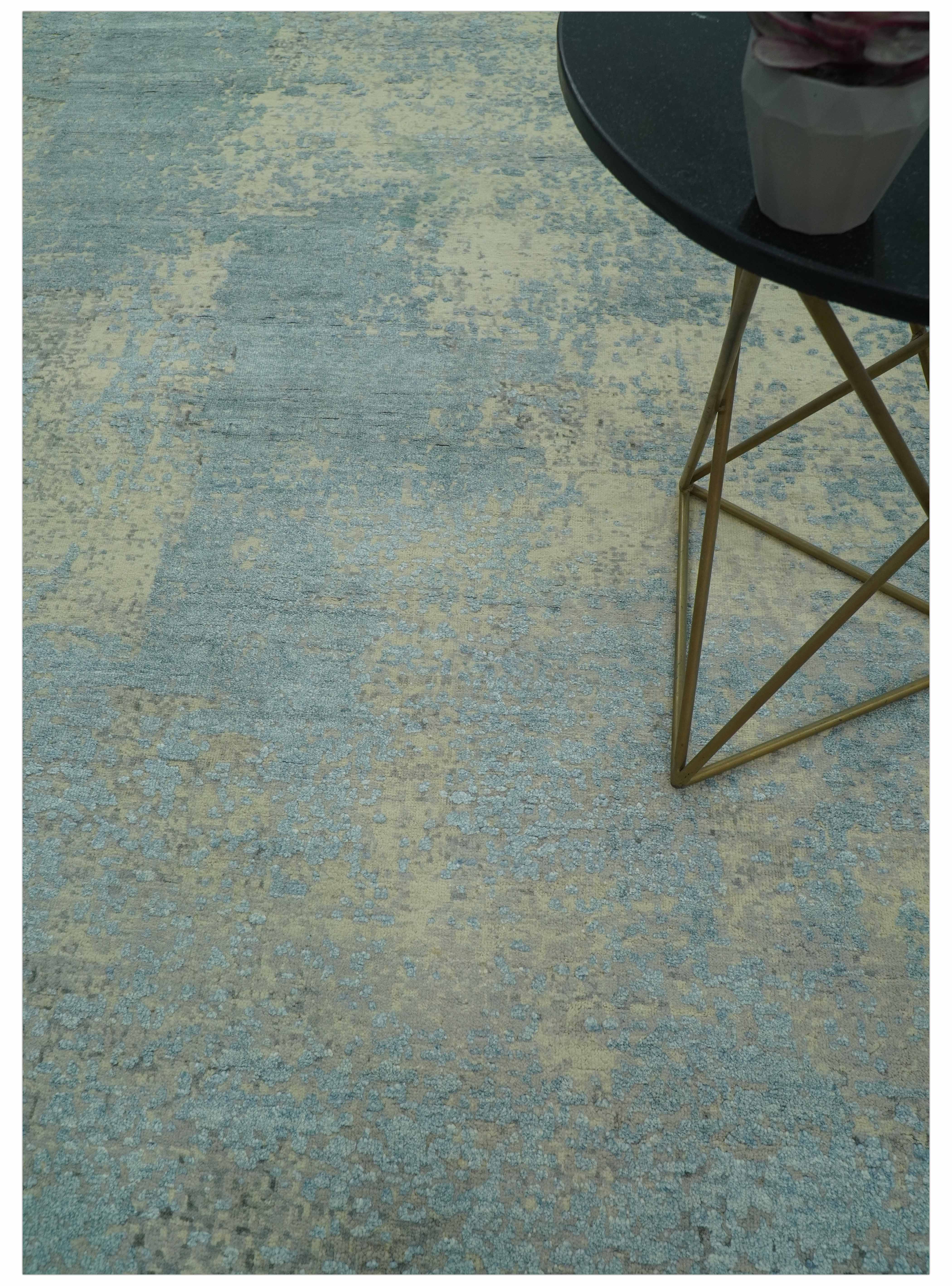 Abstract Design Blue, Beige And Gray 8x10 Hand Knotted Wool and Bamboo Silk Rug - Image 3