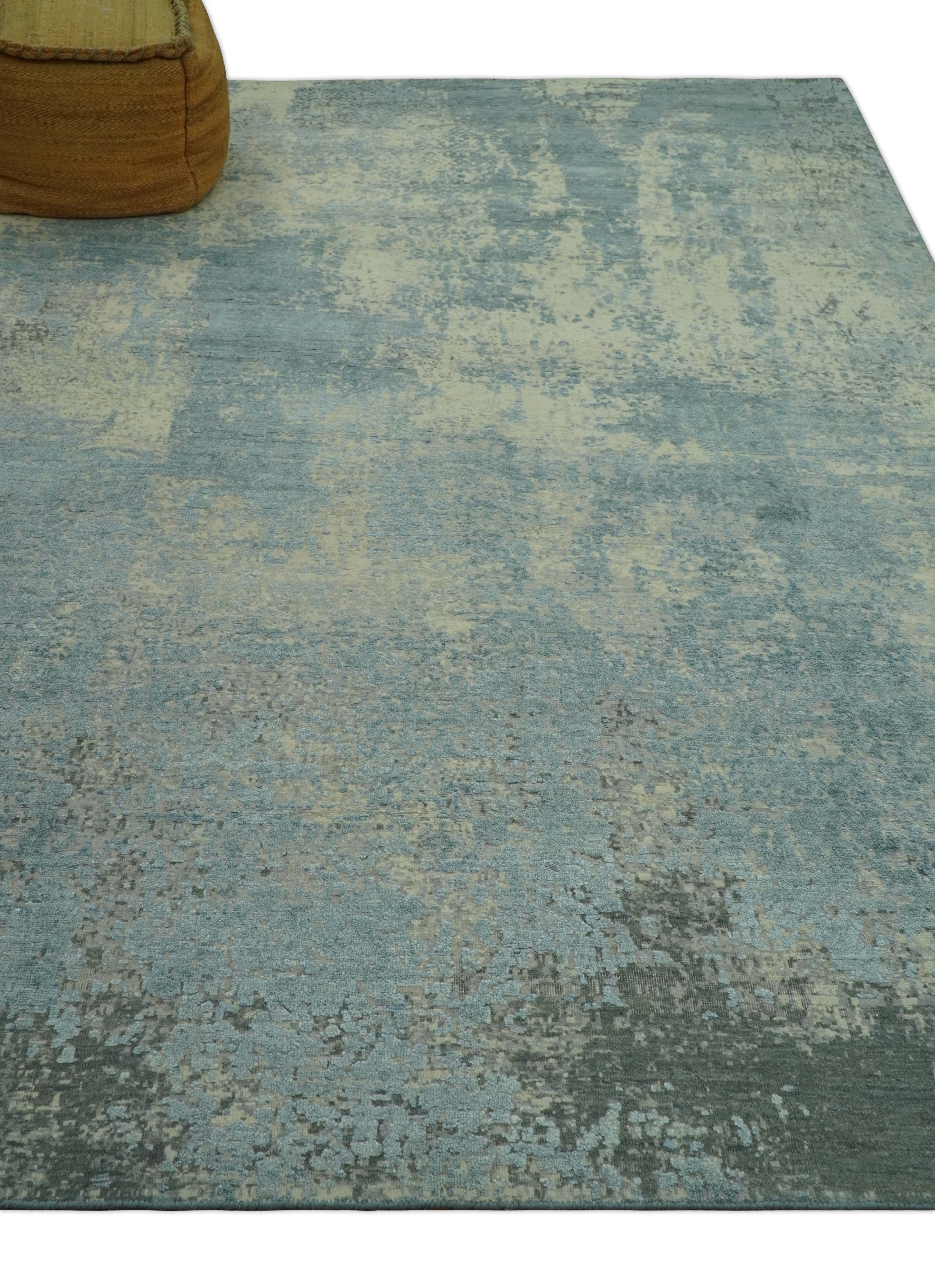 Abstract Design Blue, Beige And Gray 8x10 Hand Knotted Wool and Bamboo Silk Rug - Image 9