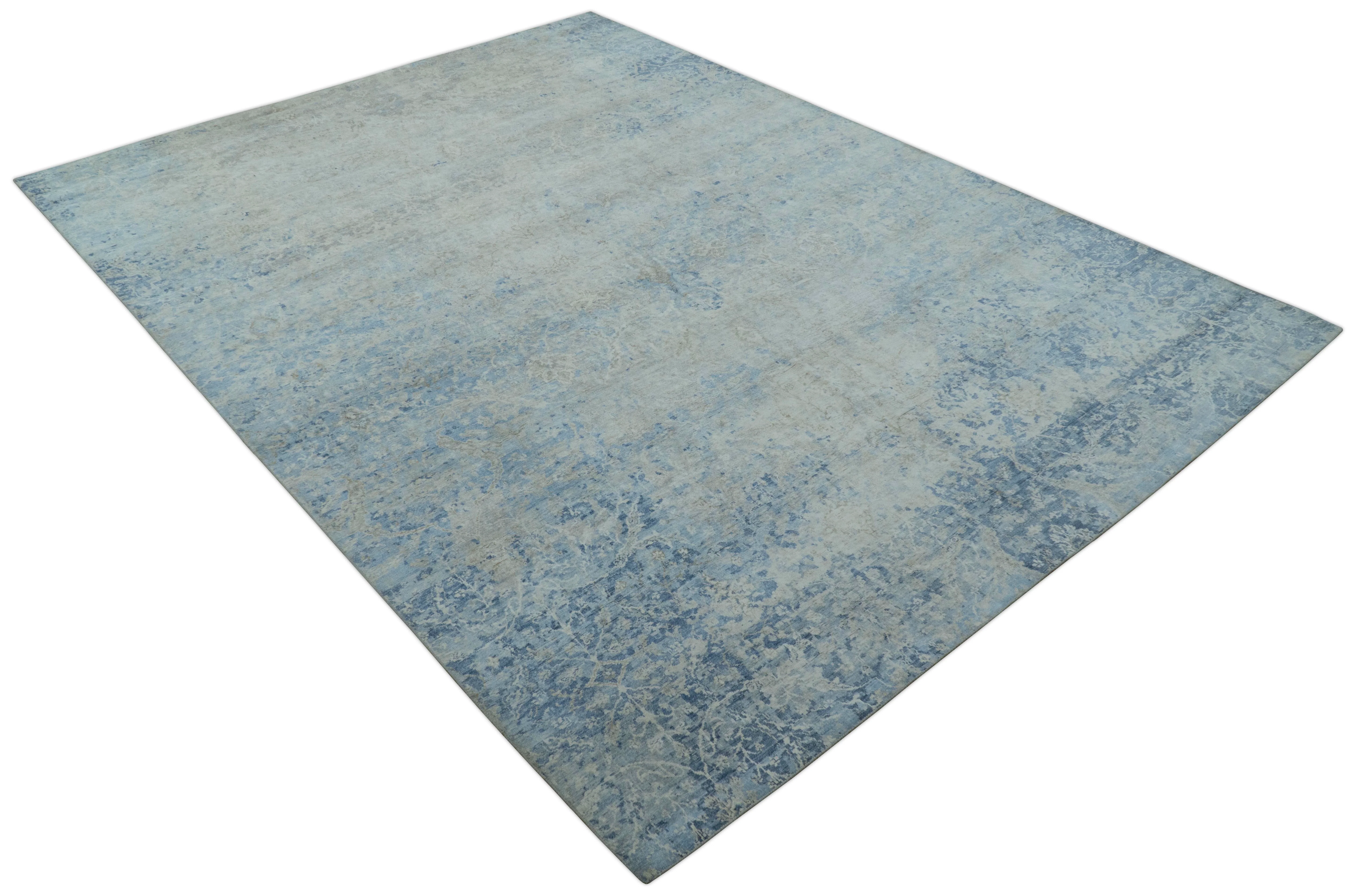 Modern Abstract Design Gray And Blue 10x13 Hand Knotted Bamboo Silk Area Rug - Image 11