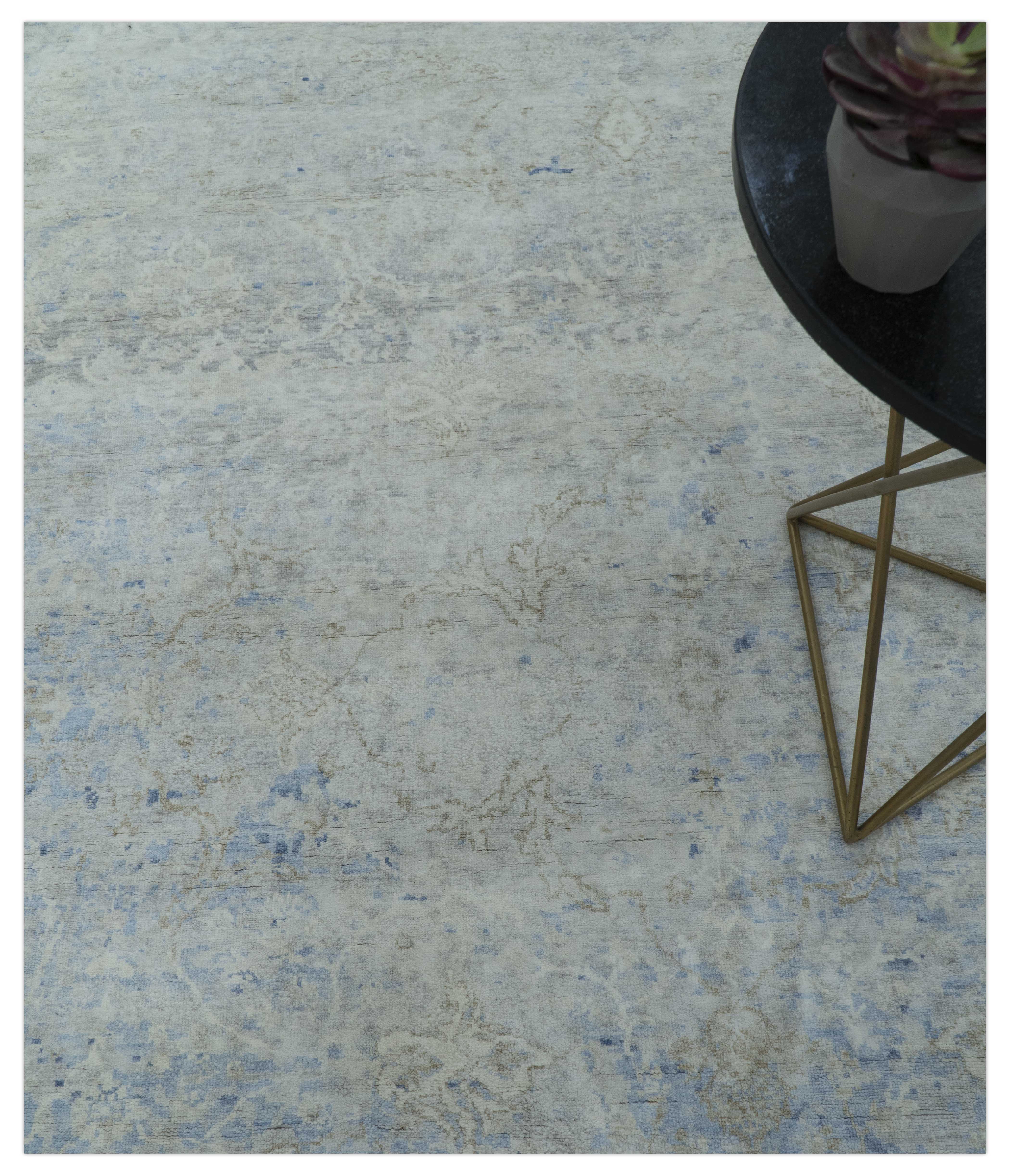 Modern Abstract Design Gray And Blue 10x13 Hand Knotted Bamboo Silk Area Rug - Image 3