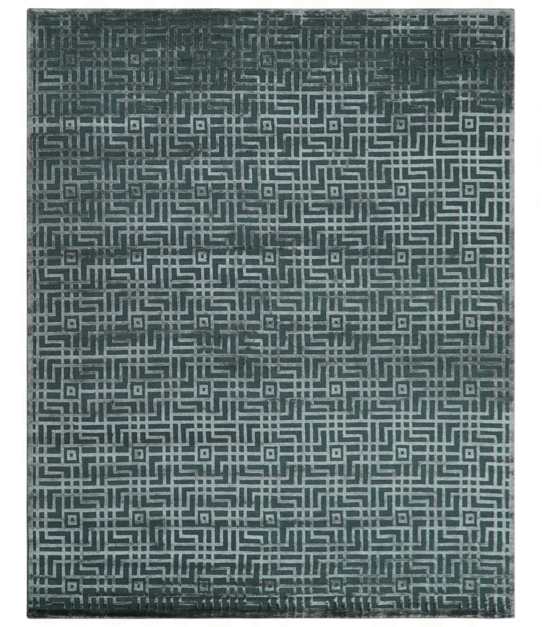 Modern Geometric Design Dark Teal And Silver 8x10 Hand Knotted Wool And Art Silk Rug - Image 10