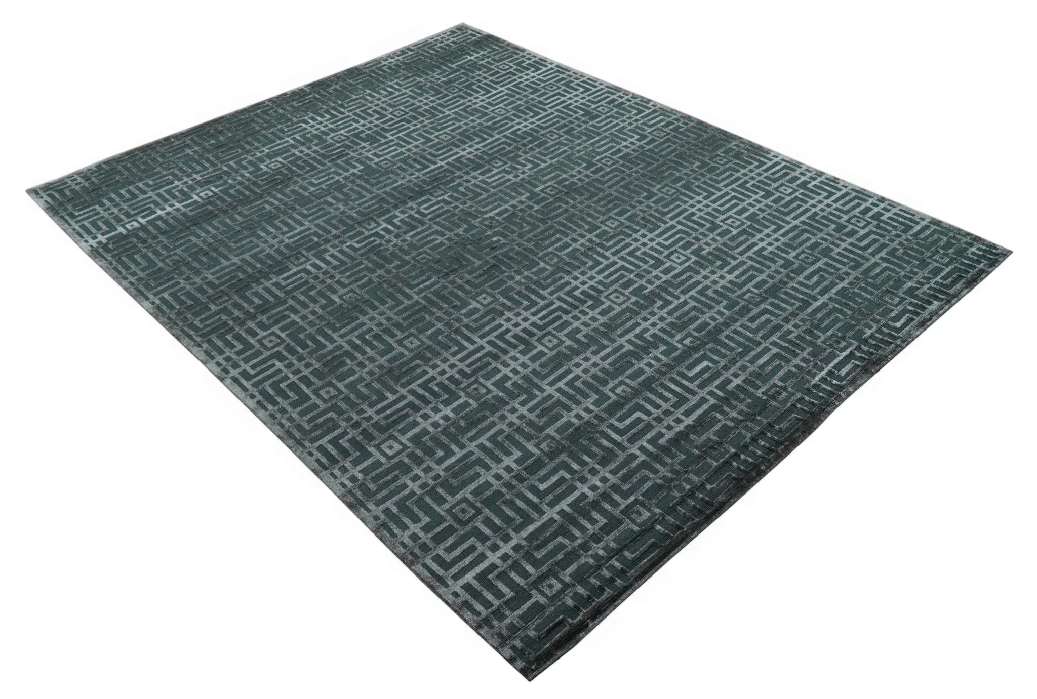 Modern Geometric Design Dark Teal And Silver 8x10 Hand Knotted Wool And Art Silk Rug - Image 11