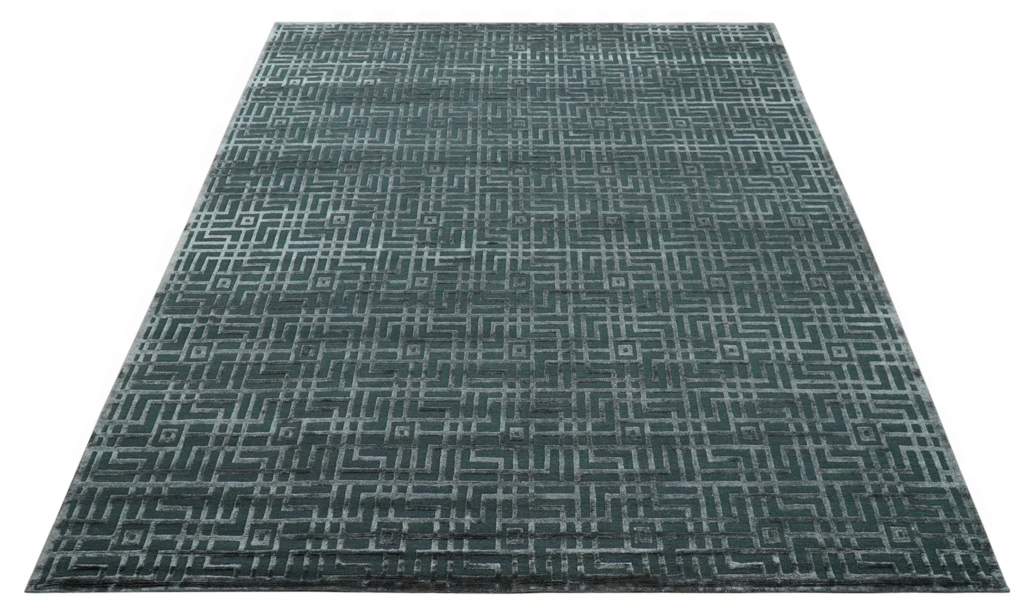 Modern Geometric Design Dark Teal And Silver 8x10 Hand Knotted Wool And Art Silk Rug - Image 12