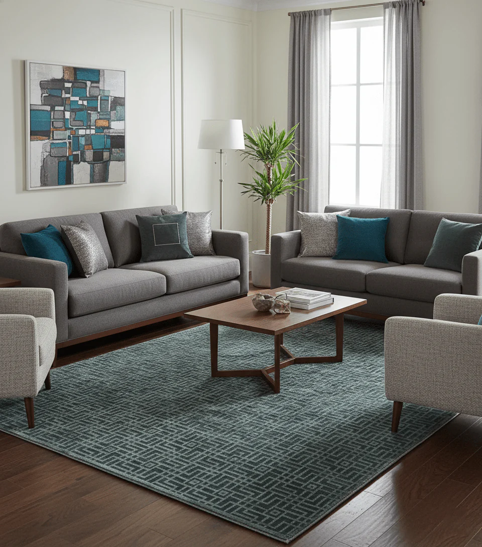 Modern Geometric Design Dark Teal And Silver 8x10 Hand Knotted Wool And Art Silk Rug - Image 2