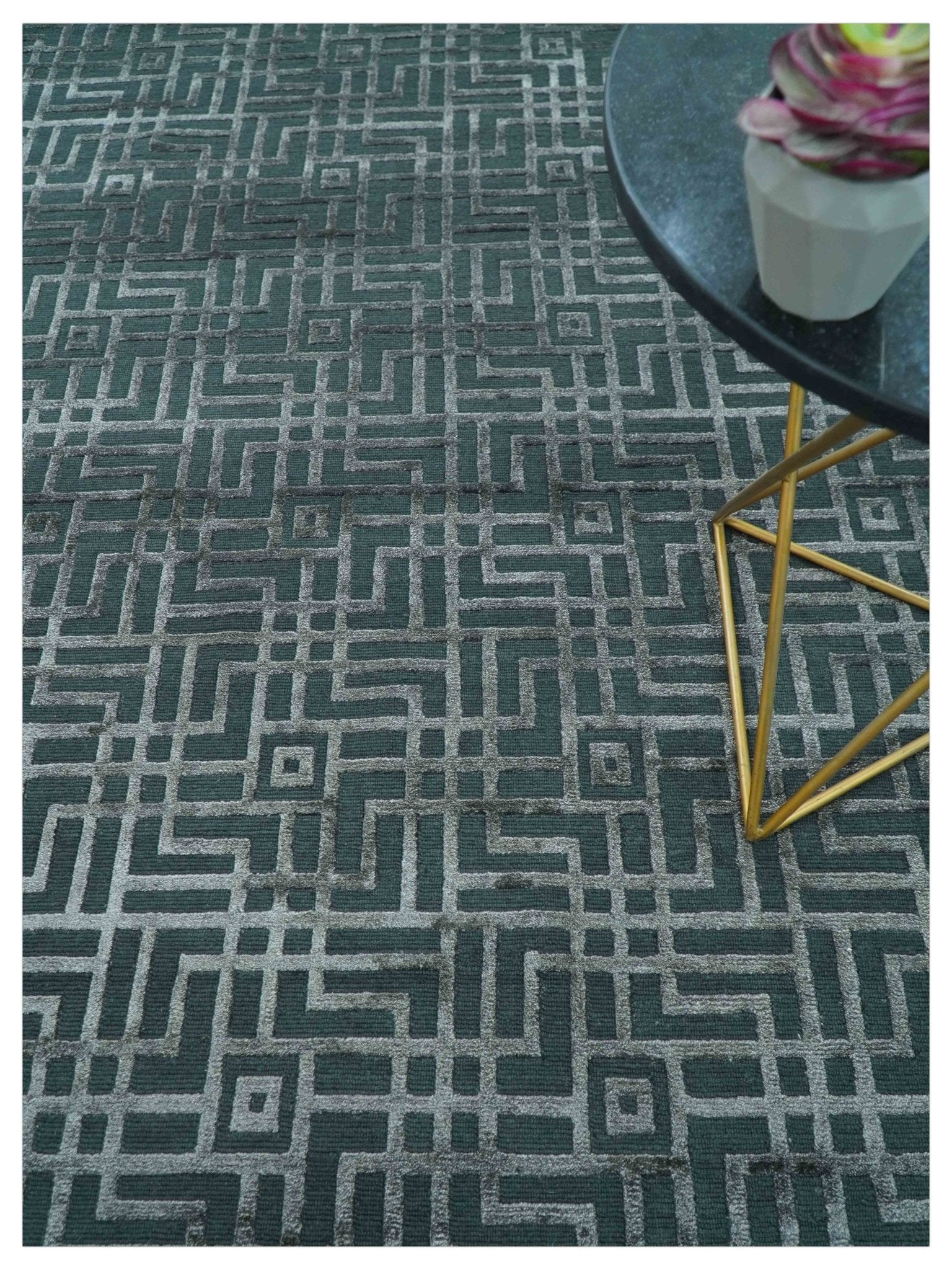 Modern Geometric Design Dark Teal And Silver 8x10 Hand Knotted Wool And Art Silk Rug - Image 3