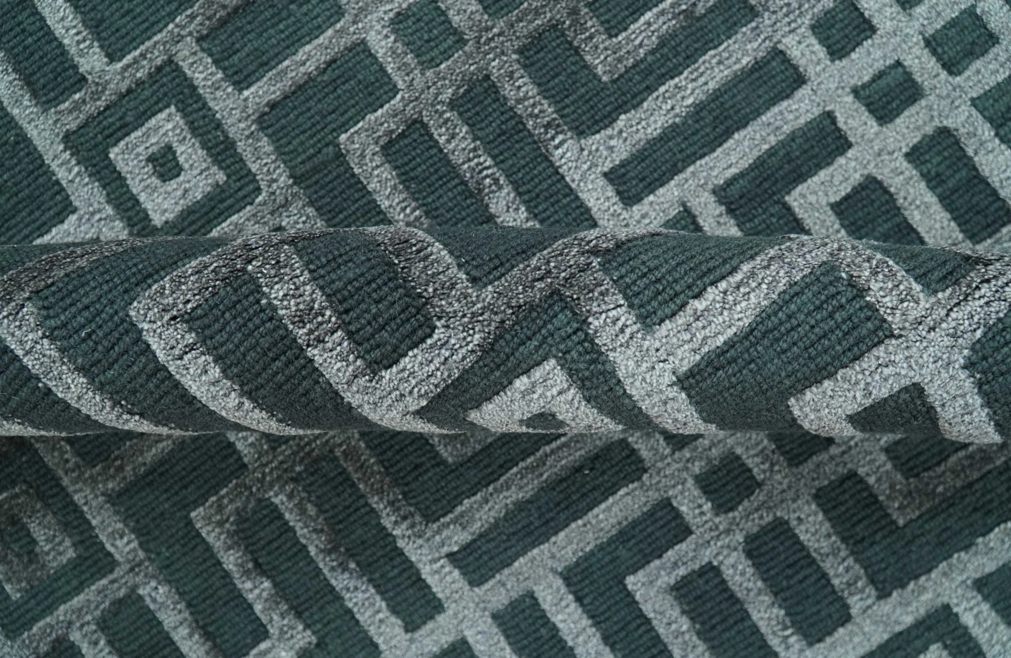Modern Geometric Design Dark Teal And Silver 8x10 Hand Knotted Wool And Art Silk Rug - Image 5