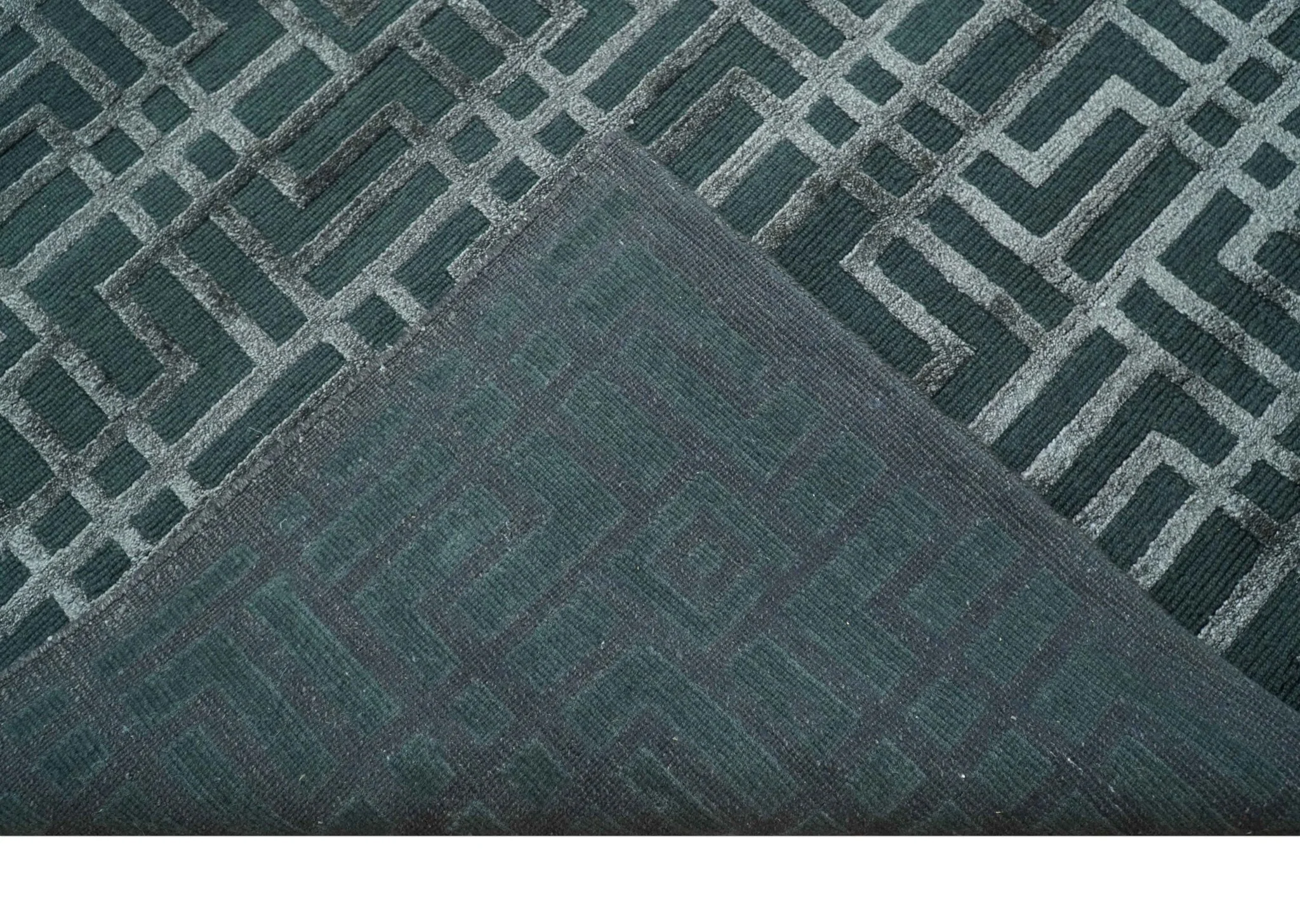 Modern Geometric Design Dark Teal And Silver 8x10 Hand Knotted Wool And Art Silk Rug - Image 6