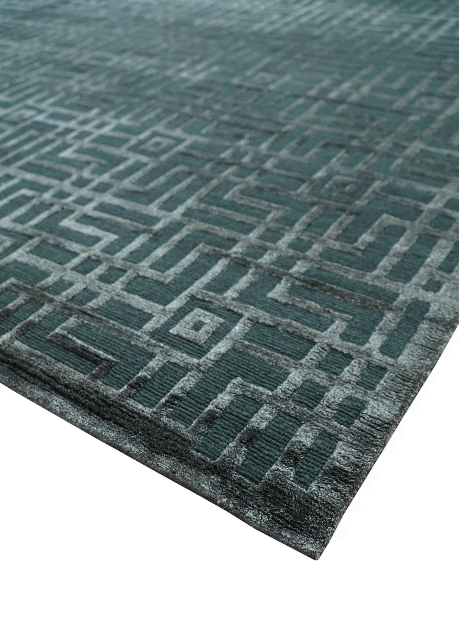 Modern Geometric Design Dark Teal And Silver 8x10 Hand Knotted Wool And Art Silk Rug - Image 8