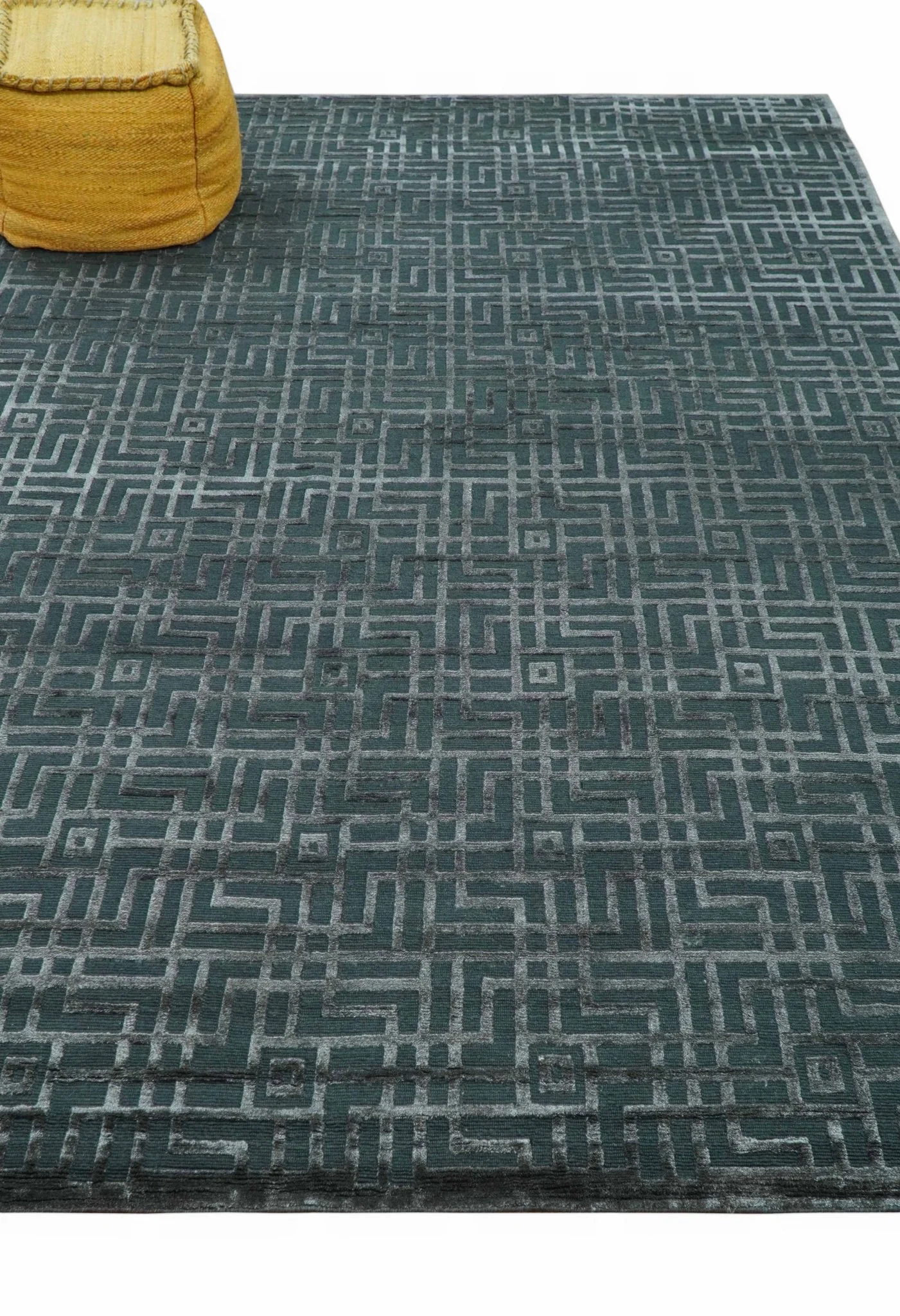 Modern Geometric Design Dark Teal And Silver 8x10 Hand Knotted Wool And Art Silk Rug - Image 9