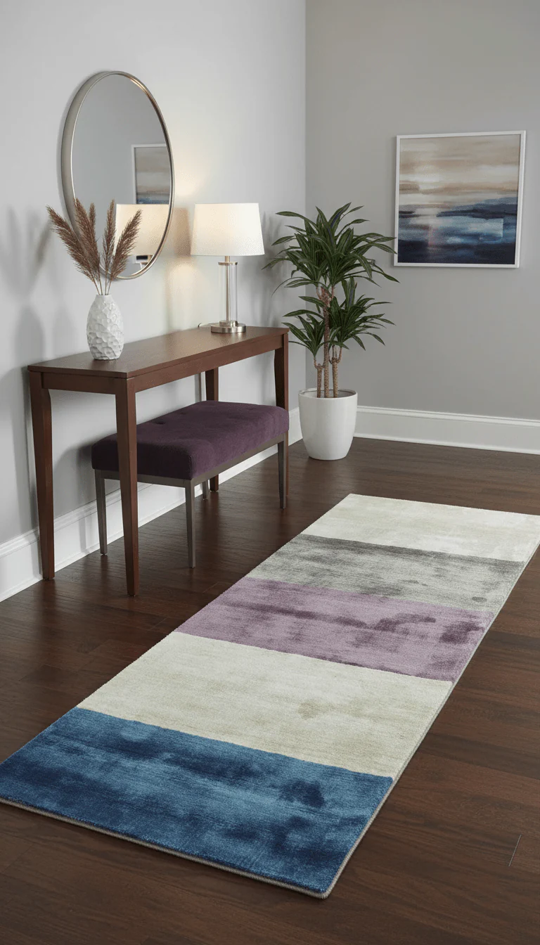 Modern design Ivory, Green and Blue 2x5 Hand Knotted Wool Area Rug - Image 2