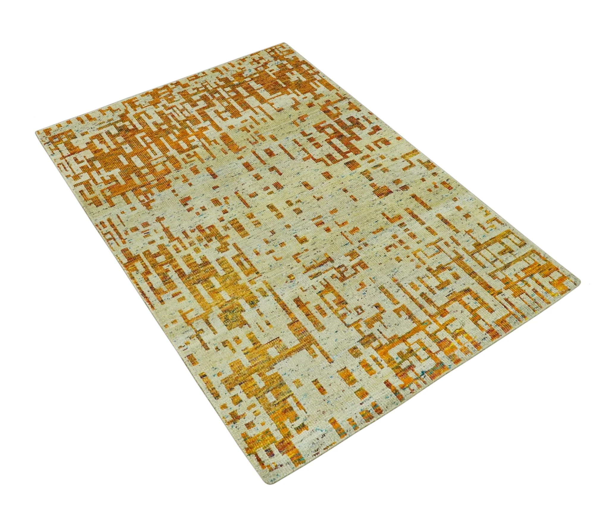 Modern Abstract 5x7 Gold and Beige Recycled Art Silk Area Rug - Image 9