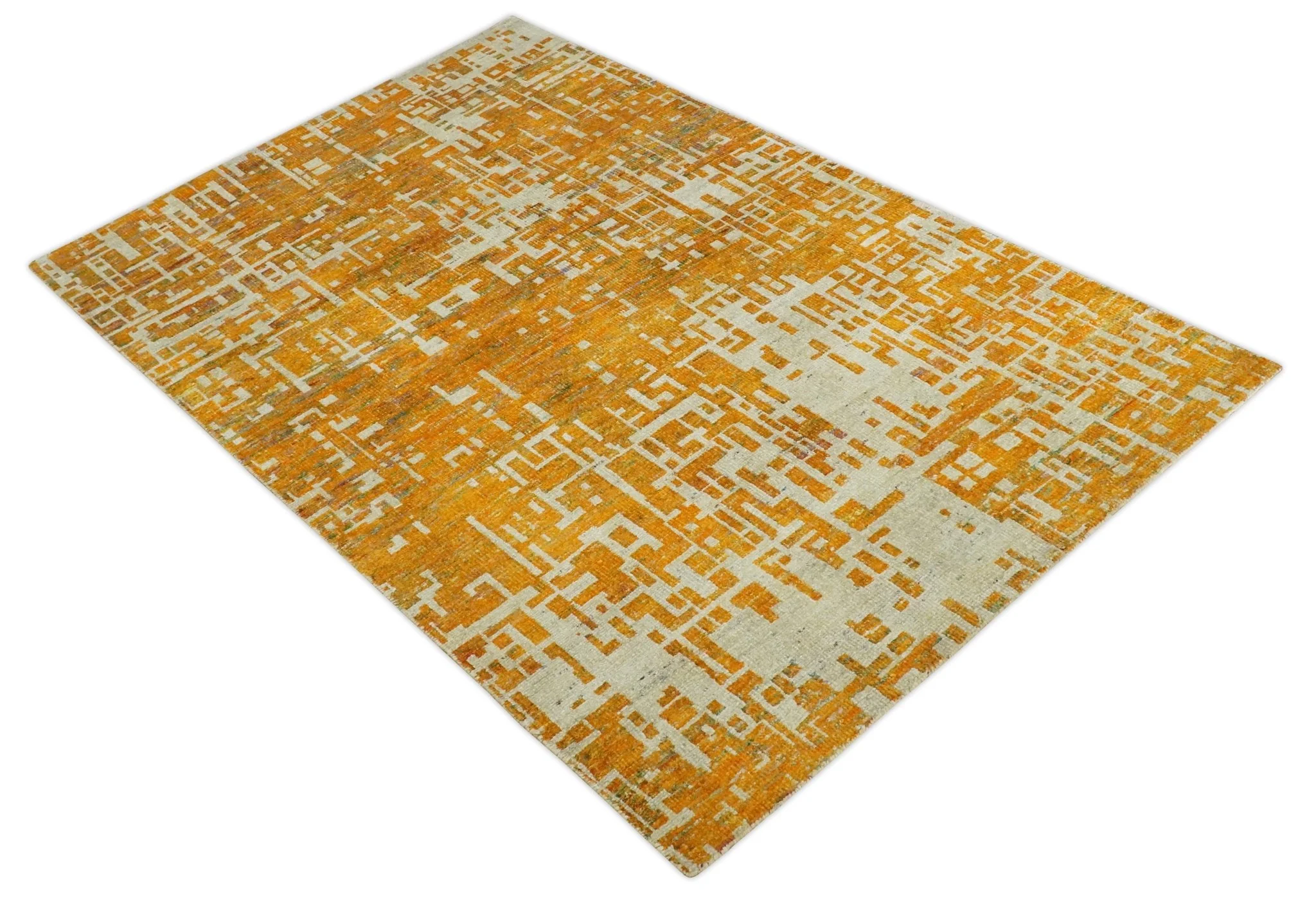 Modern Abstract 6x9 Gold and Ivory Recycled Art Silk Area Rug - Image 9